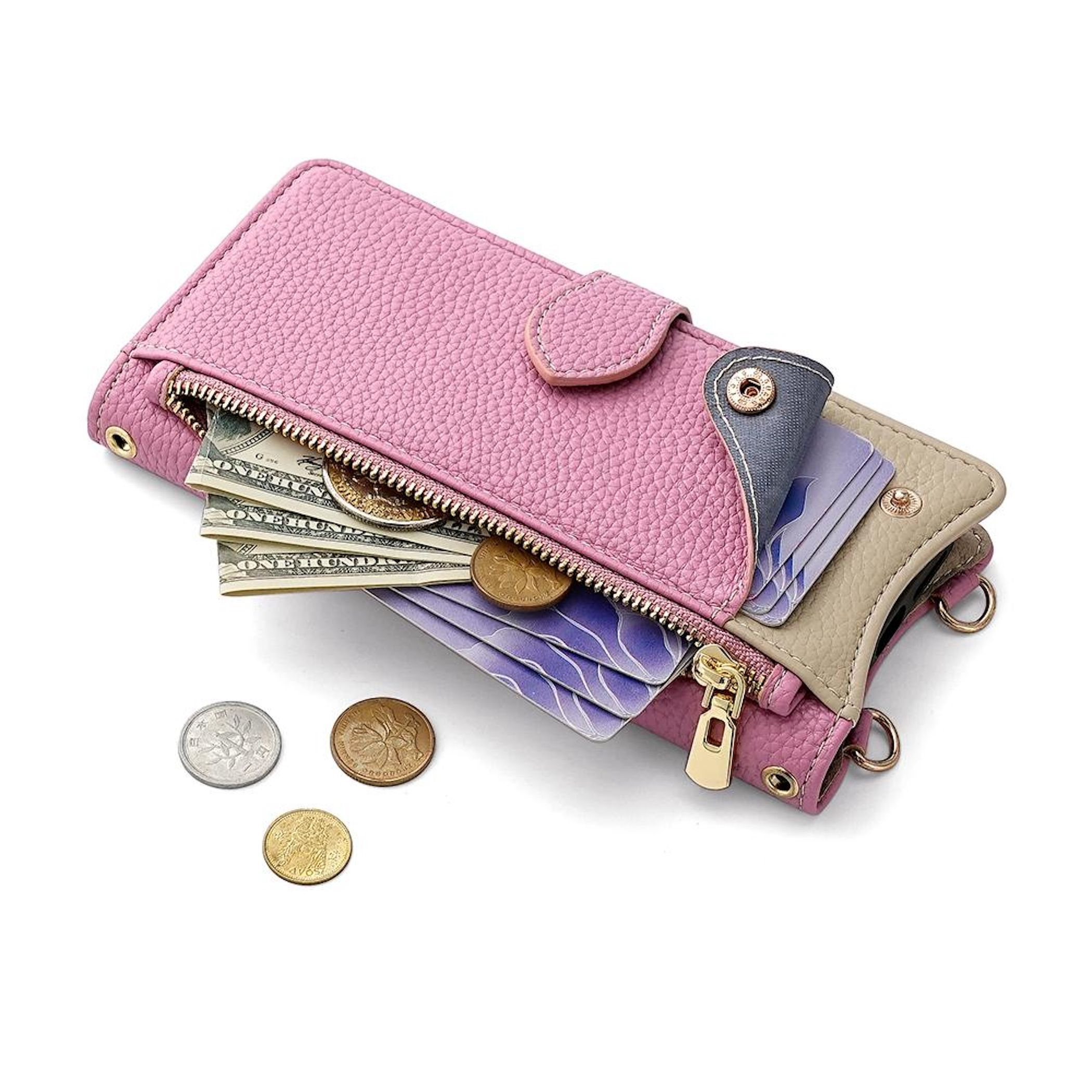 Eine rosa Geldbörse mit Bargeld, Münzen und Karten. Sie hat einen Reißverschluss und einen Verschluss. Beige und graue Details sind sichtbar.