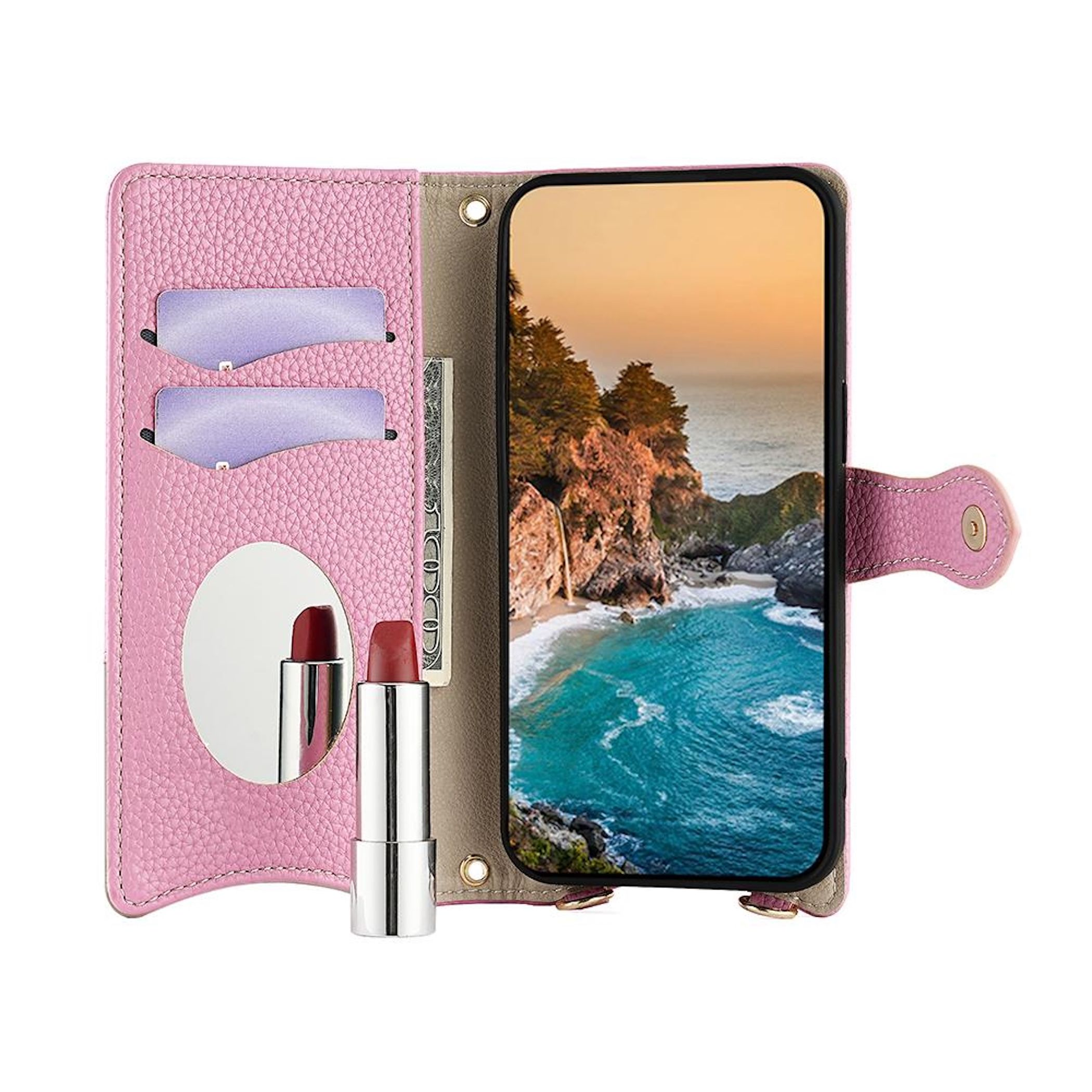 Rosa Geldbörsenhülle mit Telefon, Spiegel, Lippenstift und Kartenfächern. Telefon zeigt Strand.