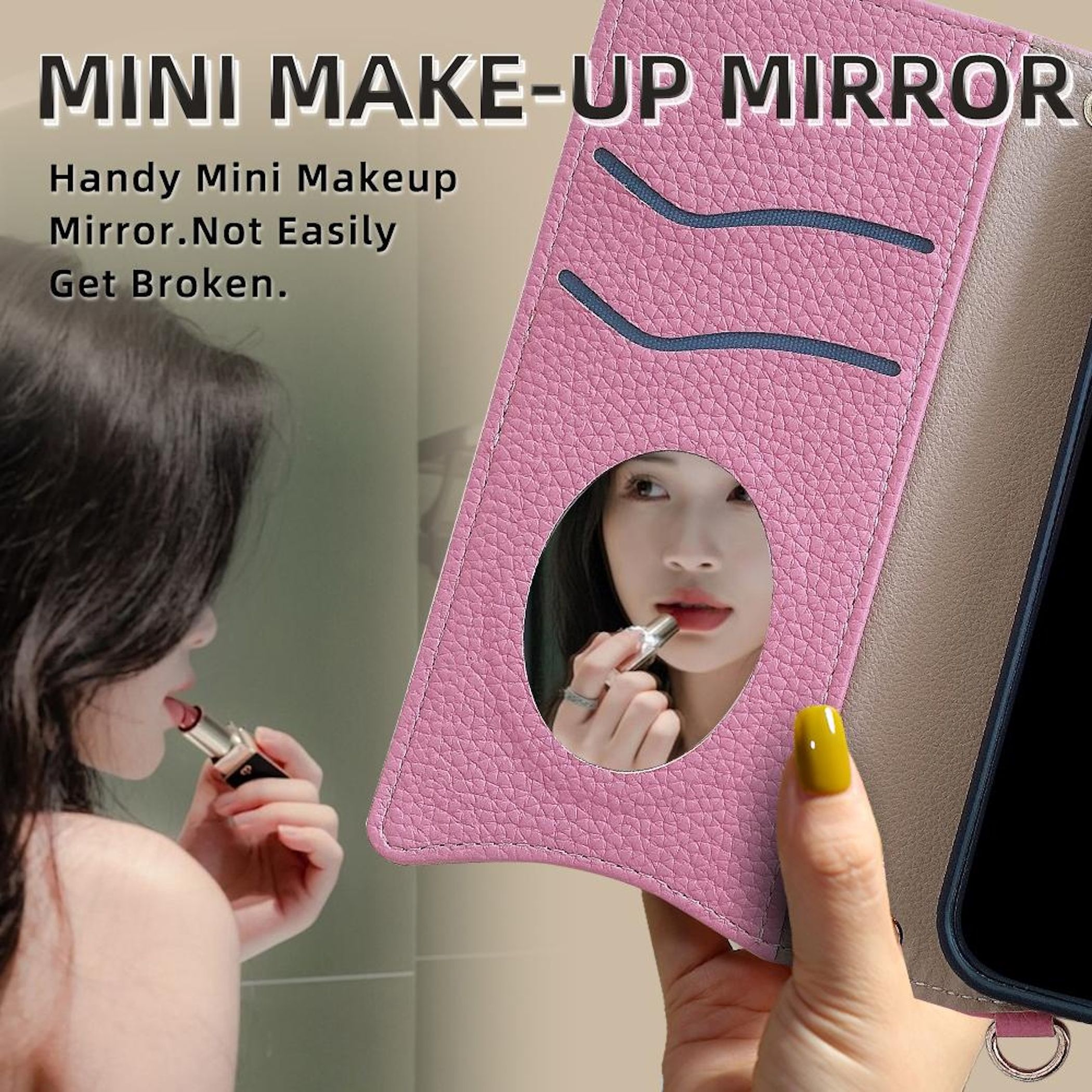 Eine Frau trägt Lippenstift im Spiegel auf. Ein pinkfarbener Mini-Make-up-Spiegel wird von einer Hand mit gelben Nägeln gehalten.
