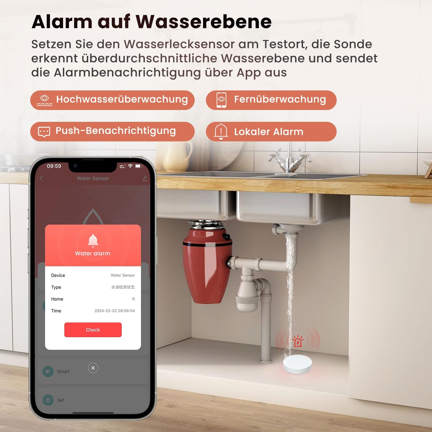Ein Telefon zeigt eine Wasserwarnmeldung an. Ein roter Alarmsensor befindet sich in der Nähe eines Waschbeckens mit fließendem Wasser.