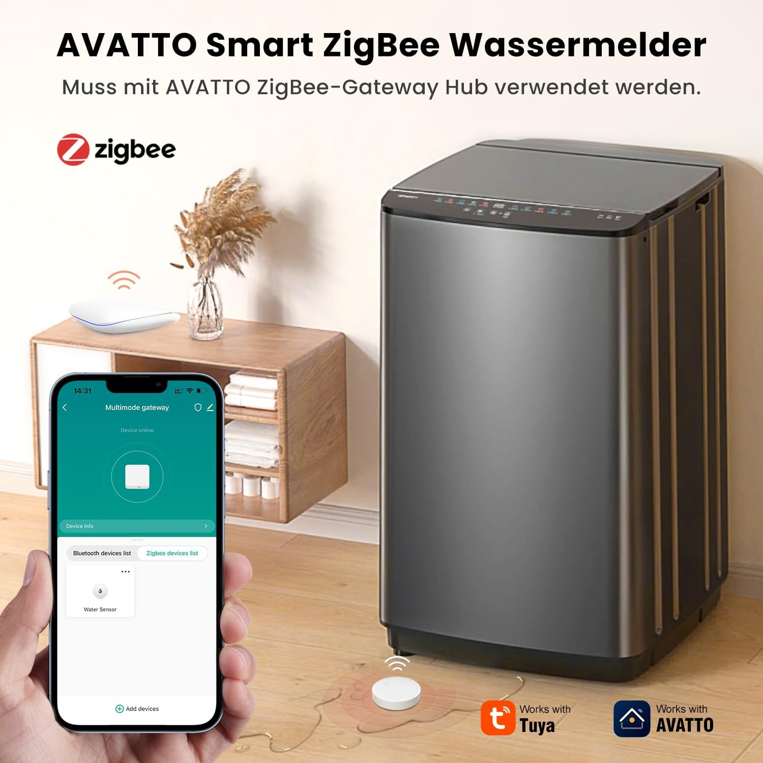Ein Smart-Home-Setup mit Waschmaschine, Telefon mit Wassersensor und Zigbee-Hub. Die Szene deutet auf Wassererkennung hin.