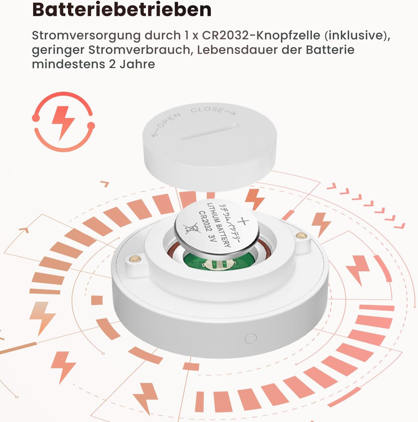 Diagramm eines batteriebetriebenen Geräts mit einer CR2032-Batteriezelle. Es zeigt das offene Gerät und die Batteriekomponenten.