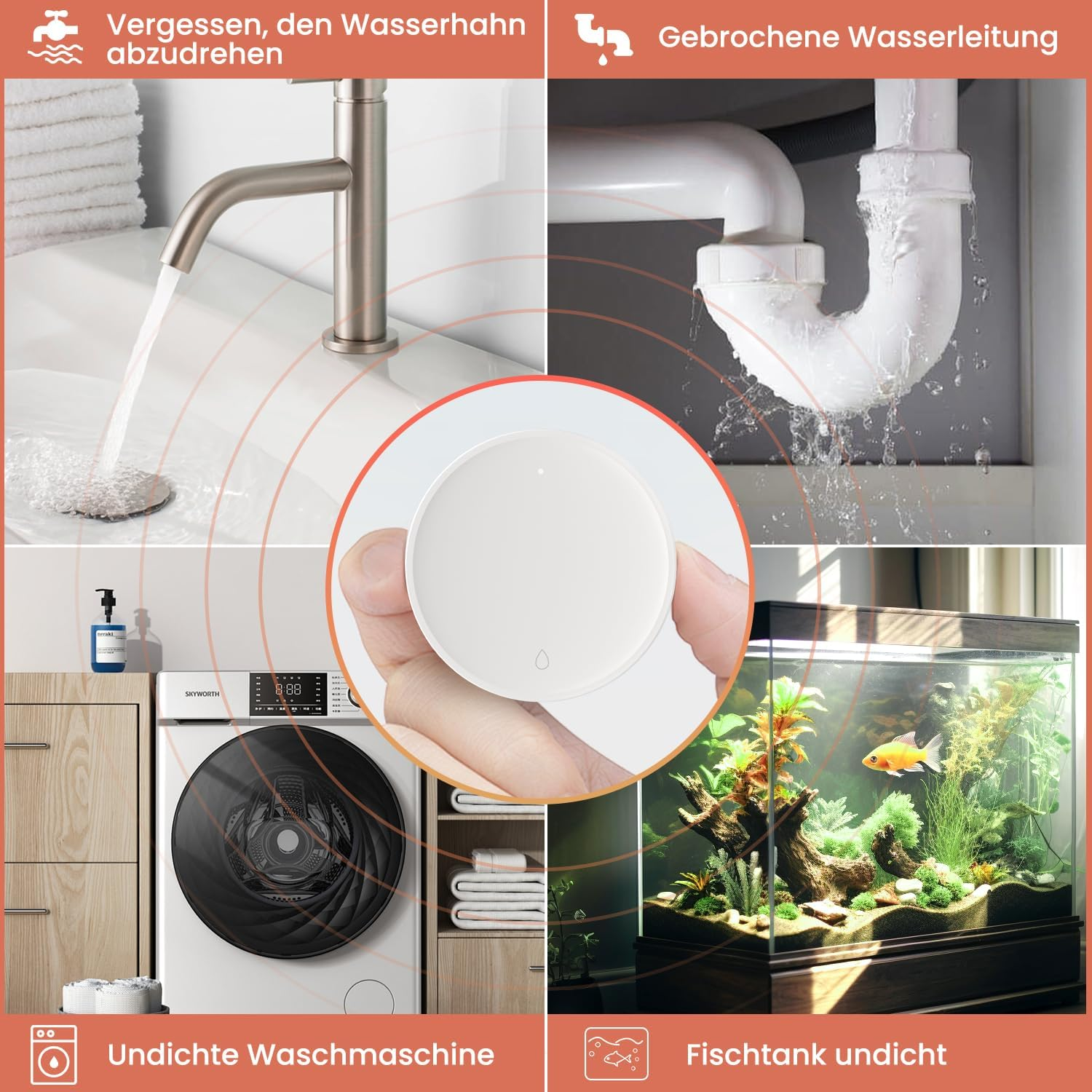 Ein Wasserhahn mit fließendem Wasser, ein Leck in einem Rohr, eine Waschmaschine und ein Aquarium. Eine Hand hält einen weißen Sensor.