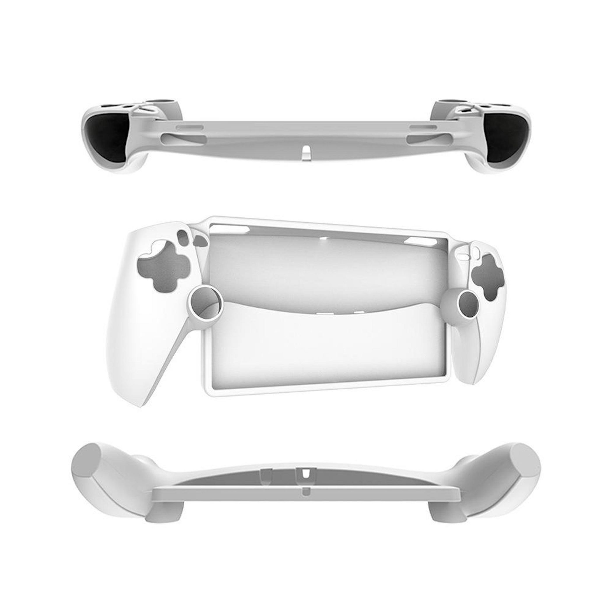 Tres vistas de un agarre blanco para controlador: superior, frontal e inferior. Cada vista muestra la forma y el diseño del agarre, aislado en blanco.