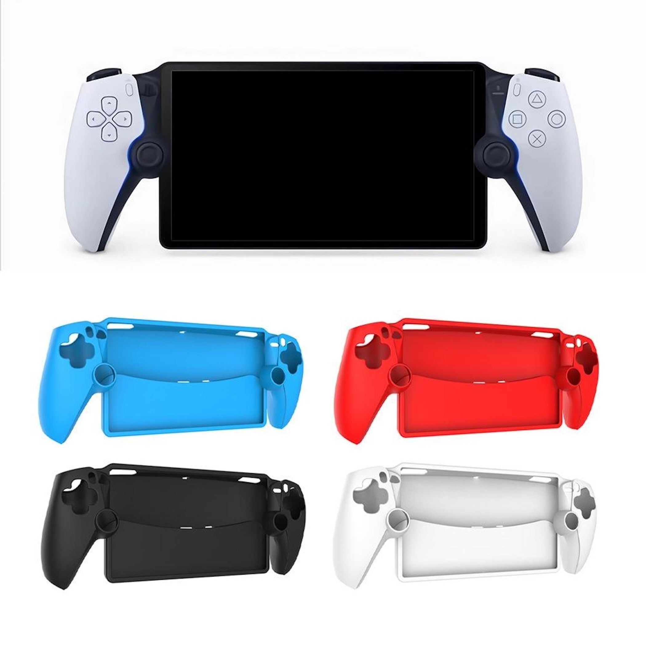 Una consola de juegos portátil con pantalla negra y mandos blancos, más cuatro carcasas de mandos de colores.