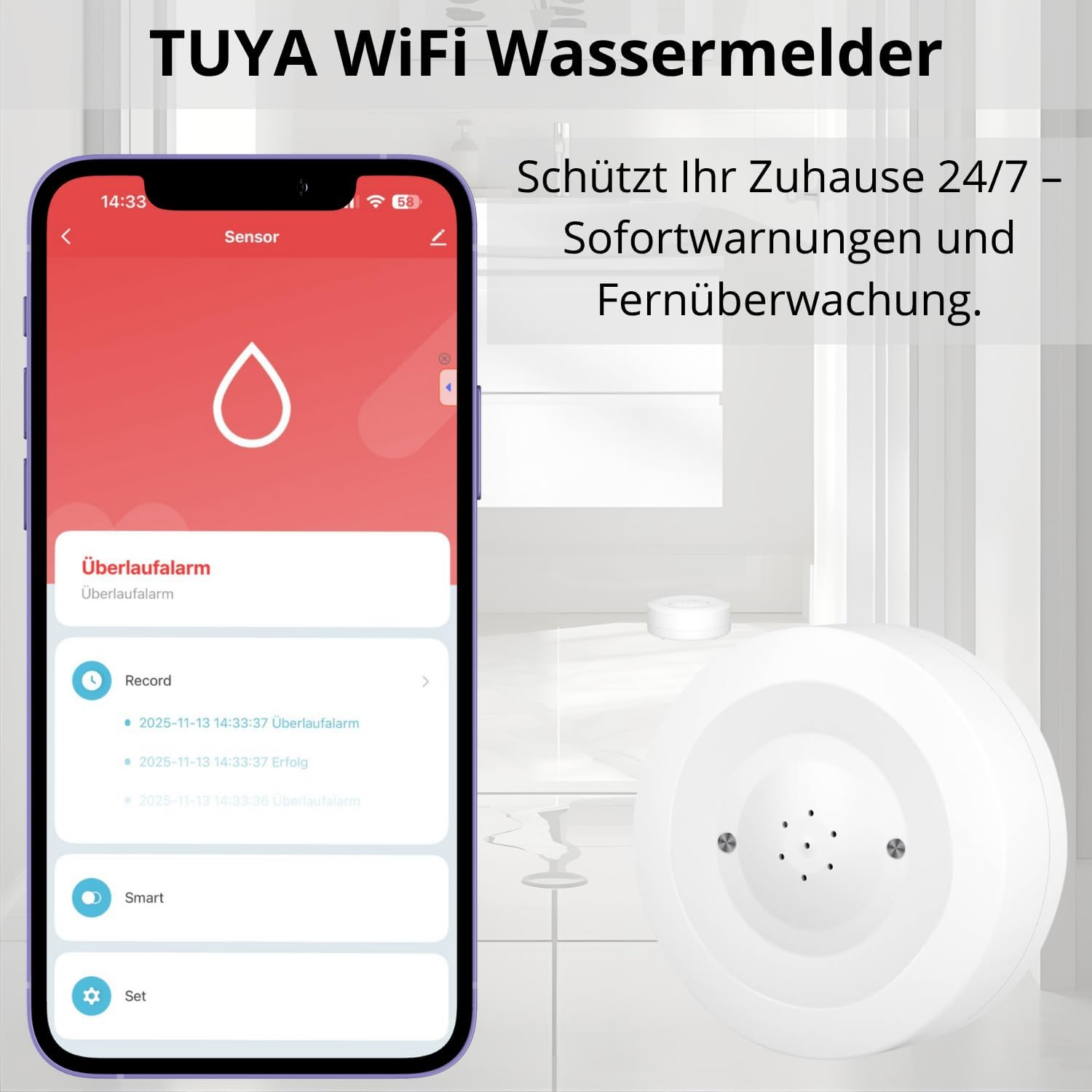 Ein Telefon zeigt eine Wassersensor-App an. Neben dem Telefon befindet sich ein weißer Wassersensor. Der Text lautet 'WiFi Wassermelder'.