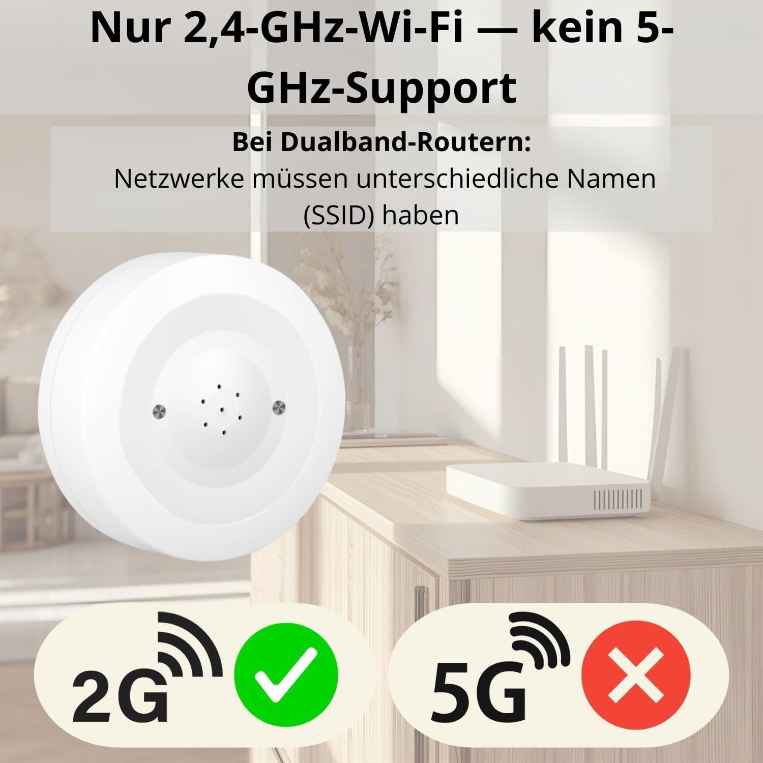 Das Bild zeigt einen weißen Router, 2G mit einem Häkchen und 5G mit einem roten X. Text zeigt nur 2,4 GHz Wi-Fi, kein 5 GHz Support.
