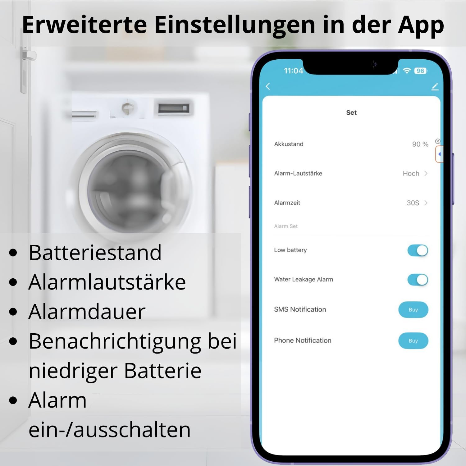 Ein Smartphone-Bildschirm zeigt App-Einstellungen: Batterie, Alarmlautstärke, Dauer und Benachrichtigungen. Im Hintergrund eine Waschmaschine.