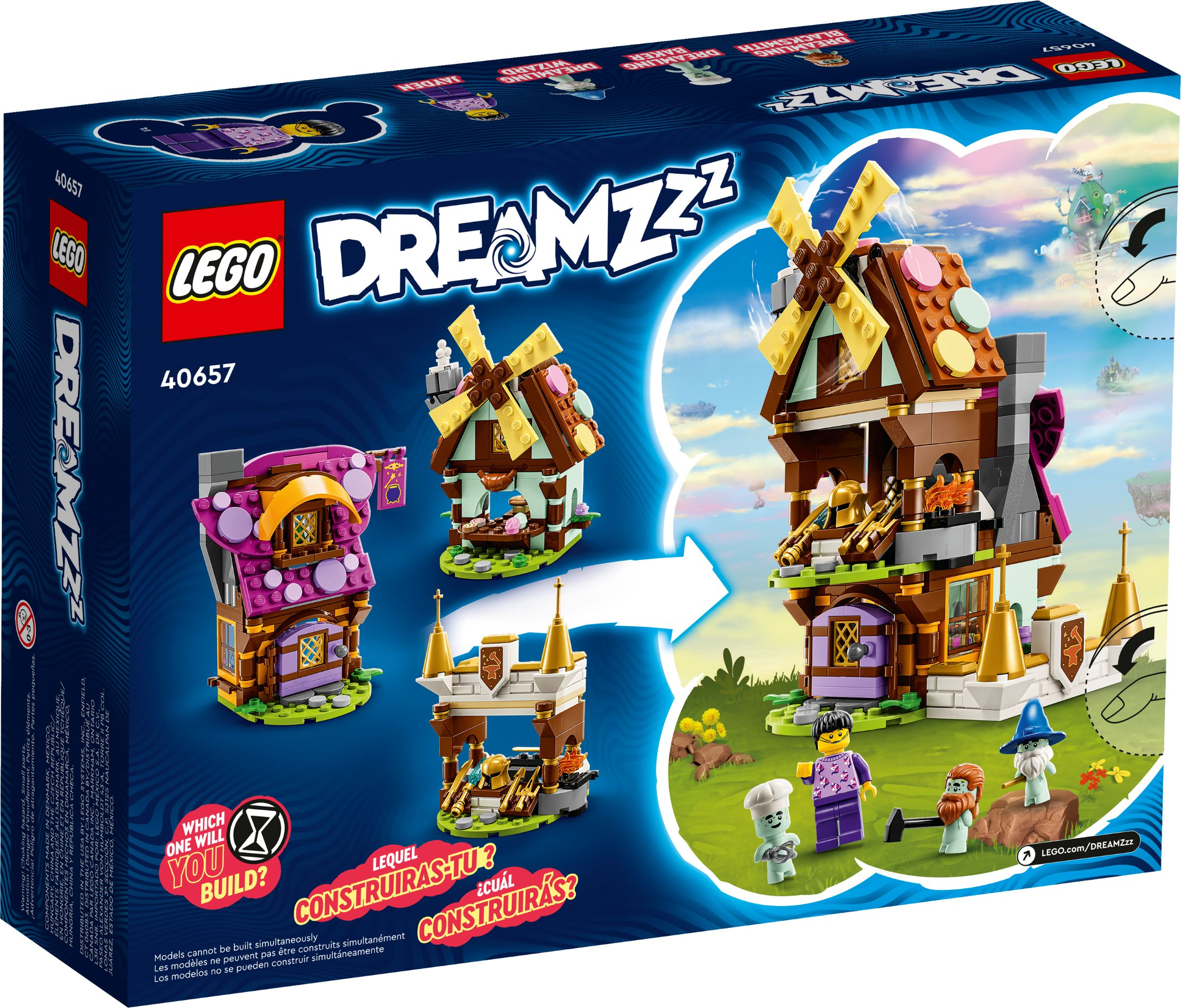 Lego Dreamzzz Box. Zeigt drei Lego-Strukturen und Lego-Figuren auf einer grünen Wiese mit blauem Himmel.