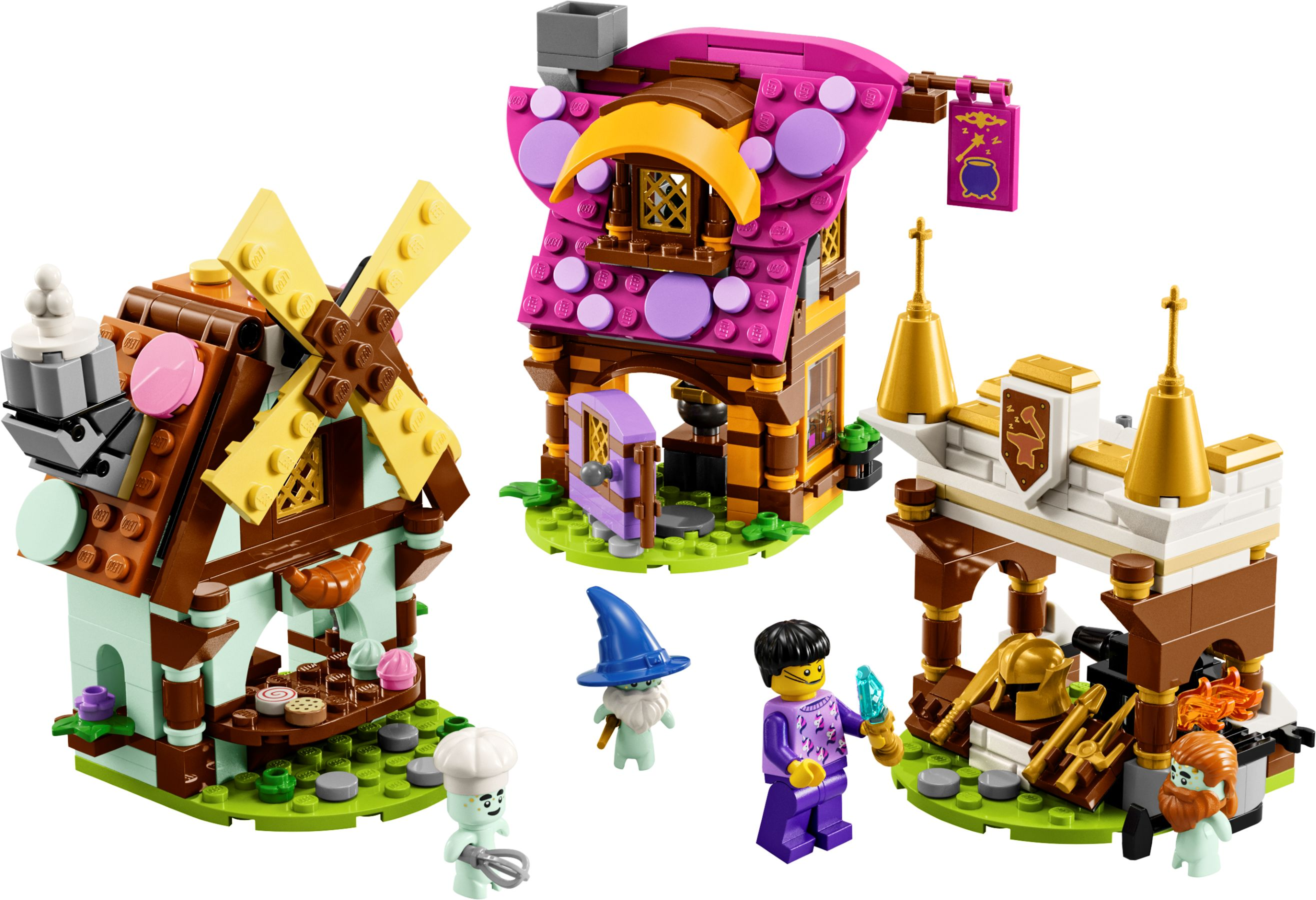 Lego-Set mit drei Gebäuden. Enthält eine Windmühle, ein Gebäude mit lila Dach und ein Gebäude mit goldenen Türmen.