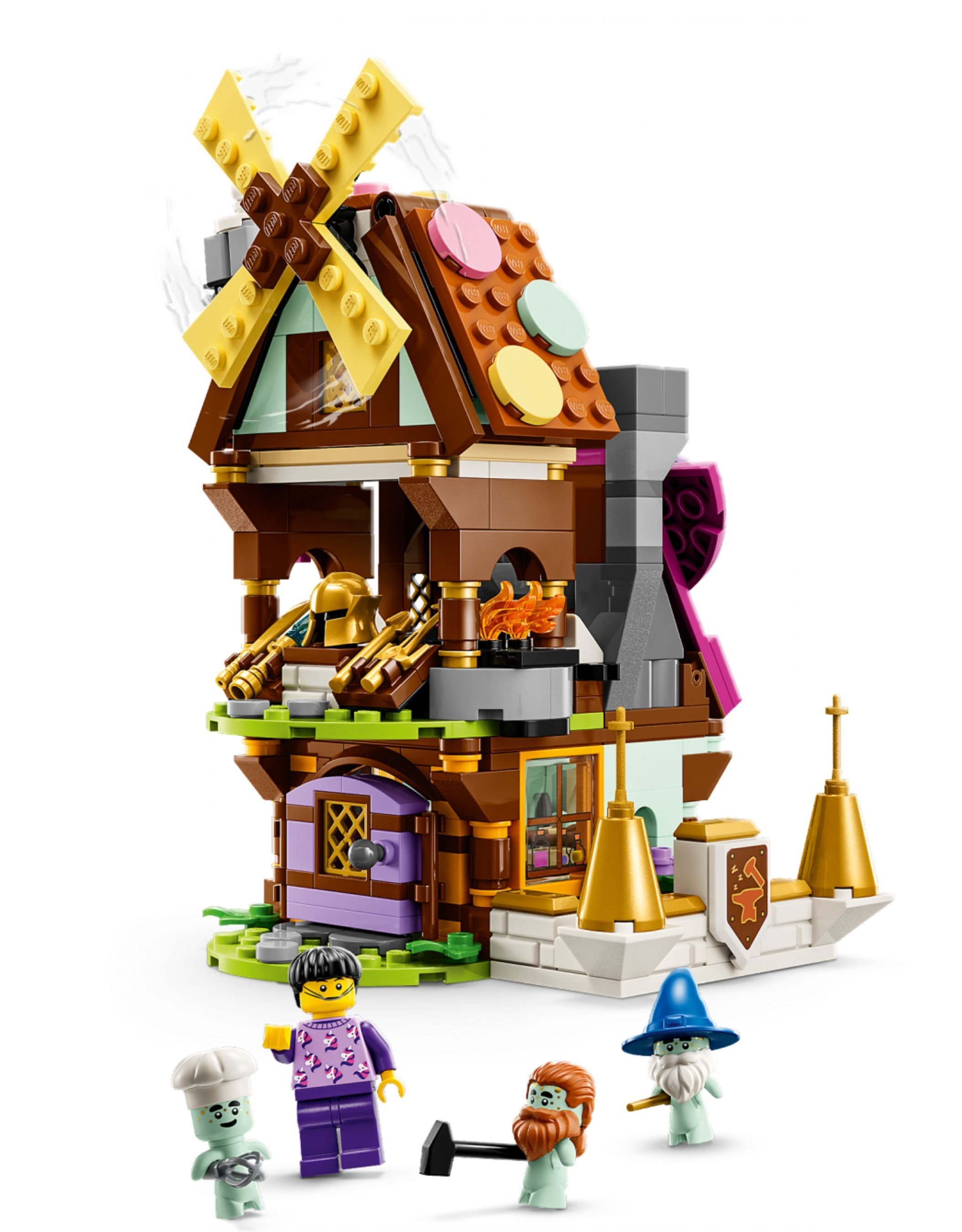 Ein Lego-Windmühlenhaus mit Minifiguren. Es hat gelbe Flügel, braune Wände und Figuren eines Kochs, eines Zauberers und anderer.