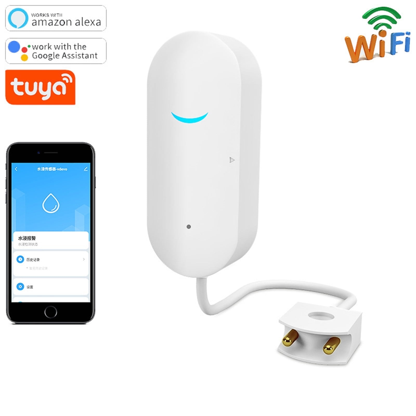 Ein weißer intelligenter Wassersensor mit Stecker, ein Telefon mit App und ein WiFi-Logo.