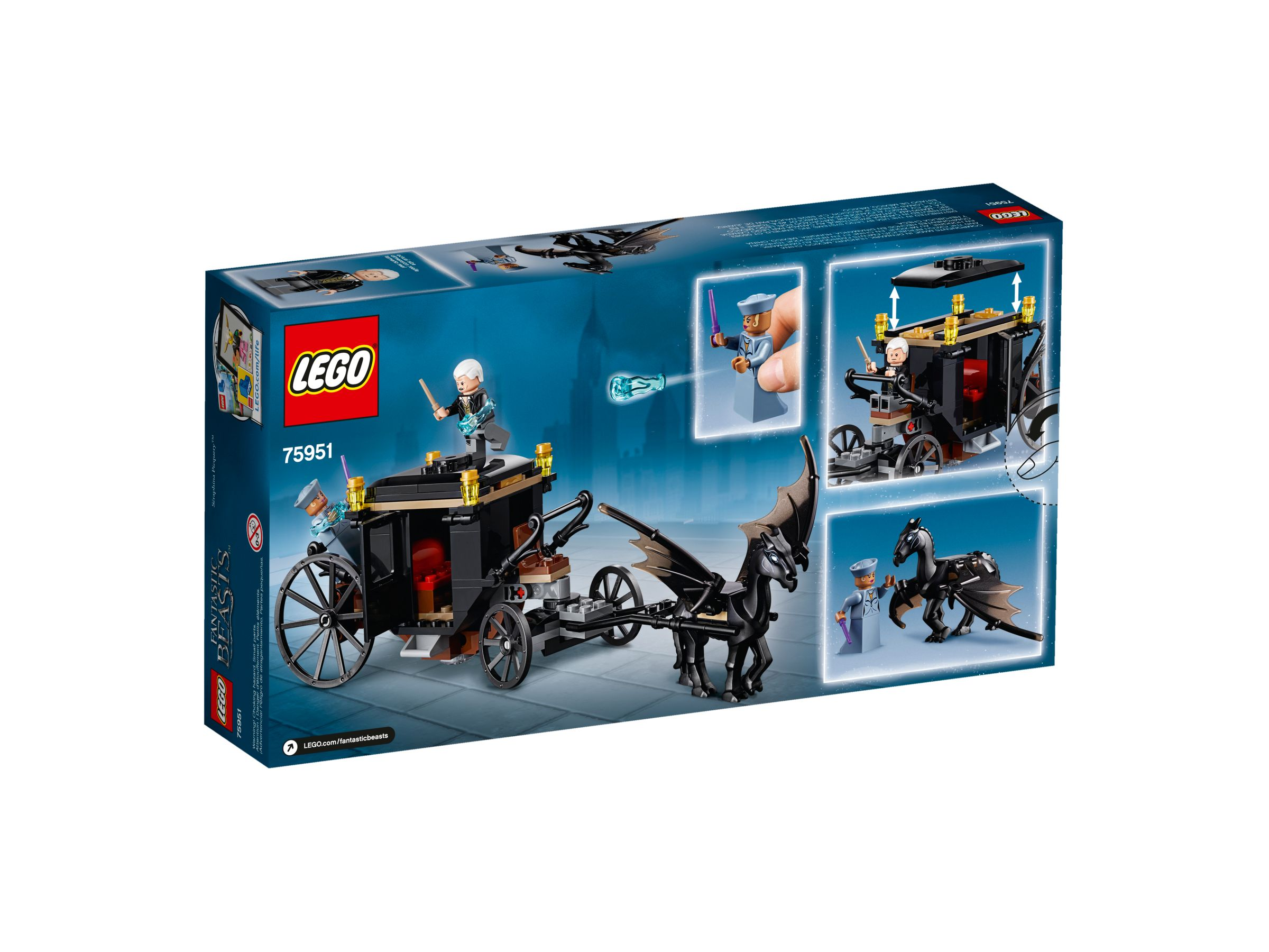 Lego-Box-Set mit einer schwarzen Kutsche, die von zwei geflügelten Pferden gezogen wird, mit Minifiguren und dem Lego-Logo.