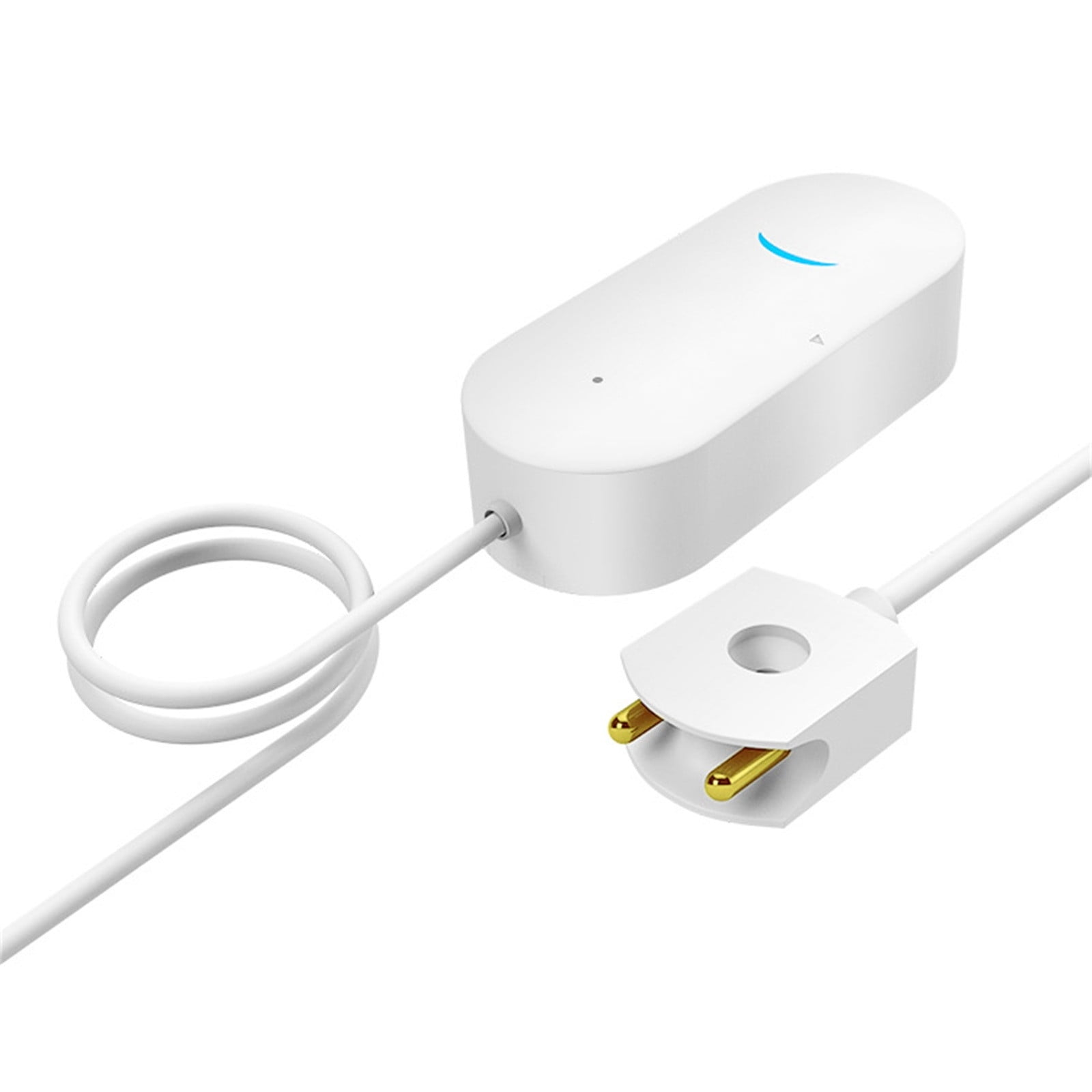 Weißer Smart Plug mit blauem Kontrolllicht, weißem Kabel und einem zweipoligen Stecker mit goldenen Stiften.