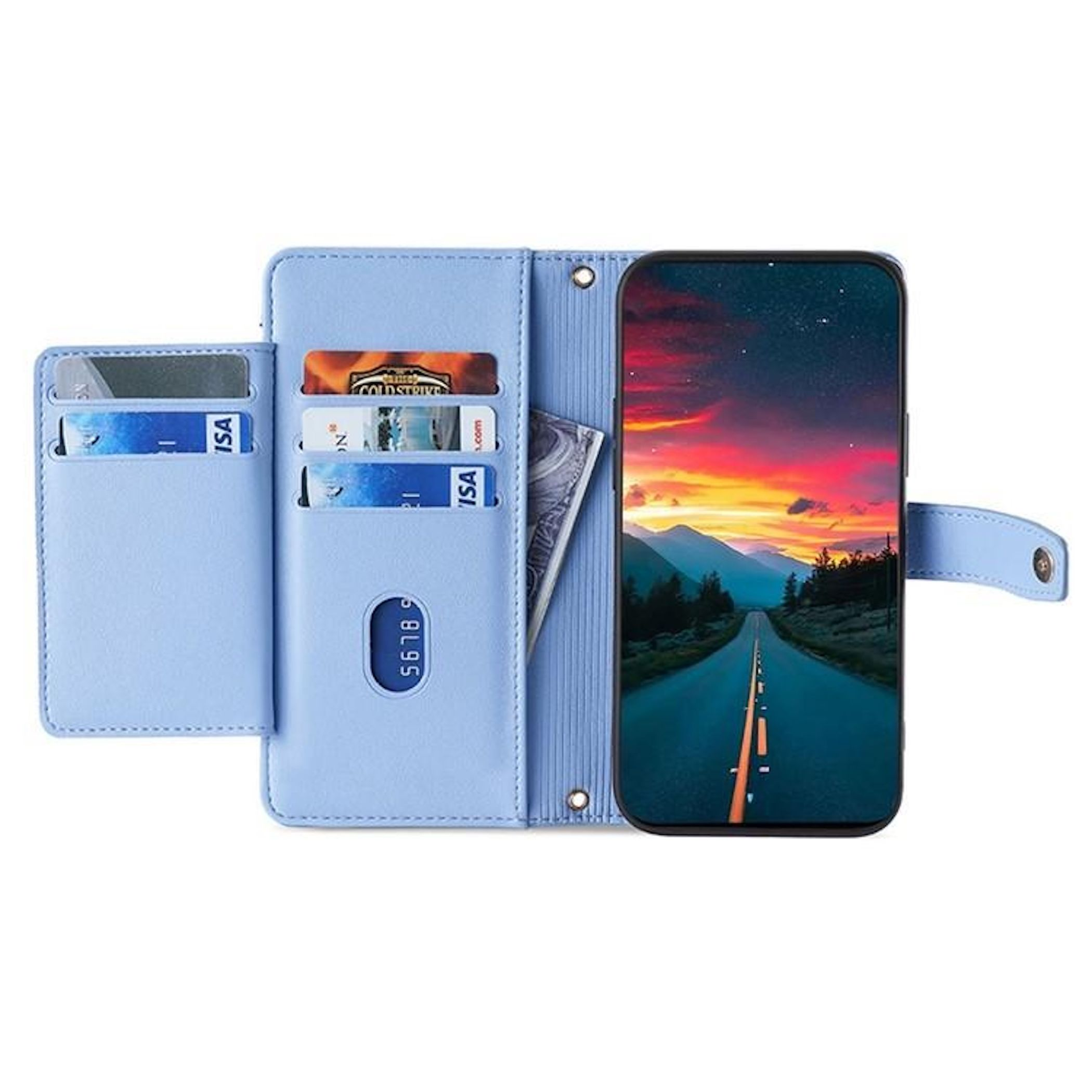Eine hellblaue Brieftaschentasche mit einem Telefon, das eine Straße zeigt, und Kartenfächern mit sichtbaren Karten.