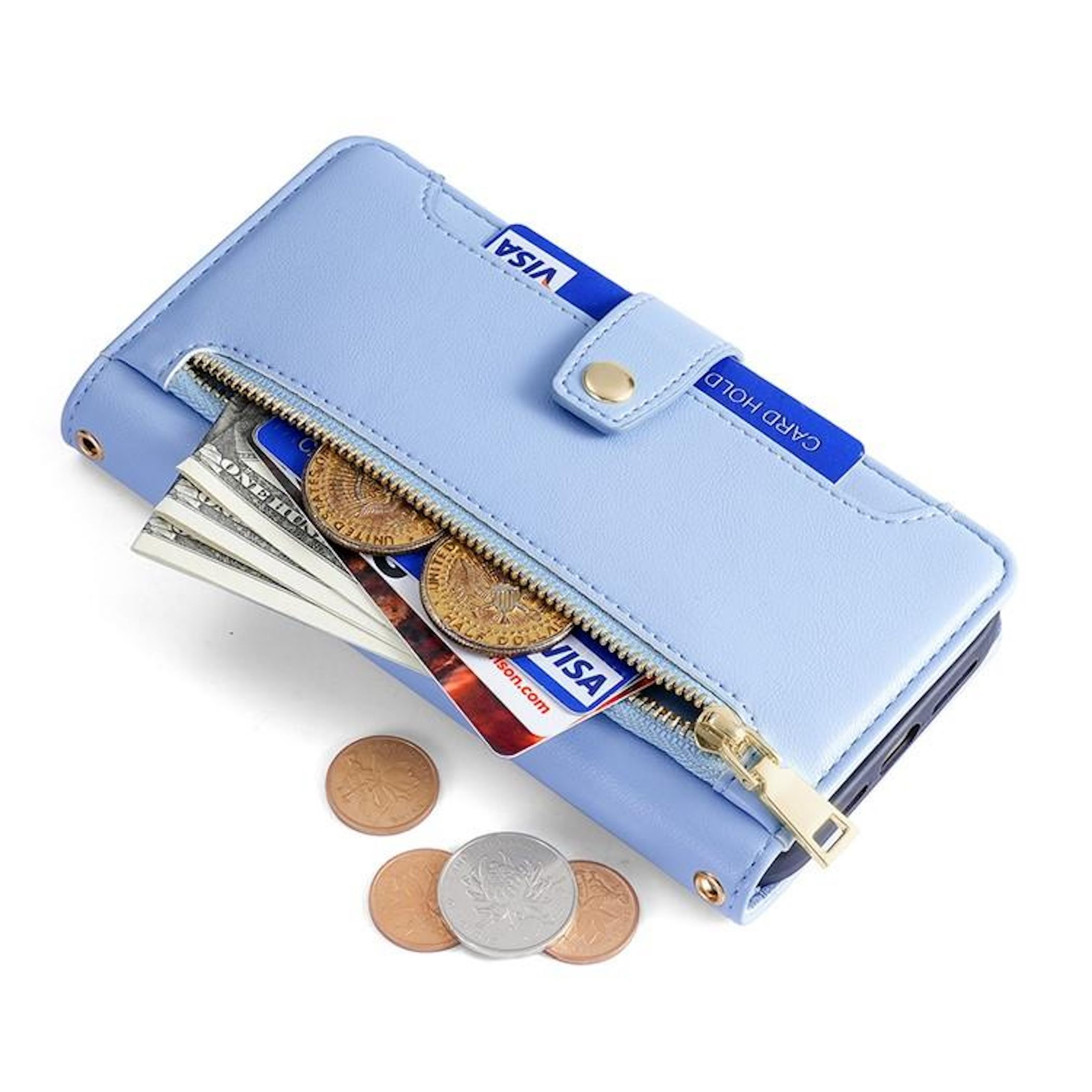 Eine hellblaue Brieftasche ist geöffnet und zeigt Bargeld, Münzen und Karten. Ein goldener Reißverschluss und mehrere Münzen sind sichtbar.