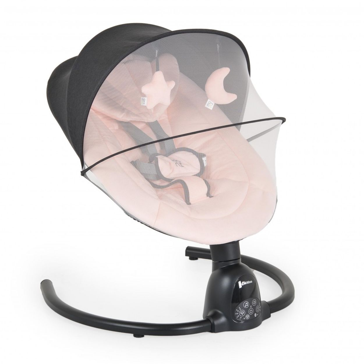Eine Babywippe mit rosa Sitz, schwarzem Rahmen und Verdeck. Sie hat ein Netz, Mond- und Sternspielzeug und Steuertasten.