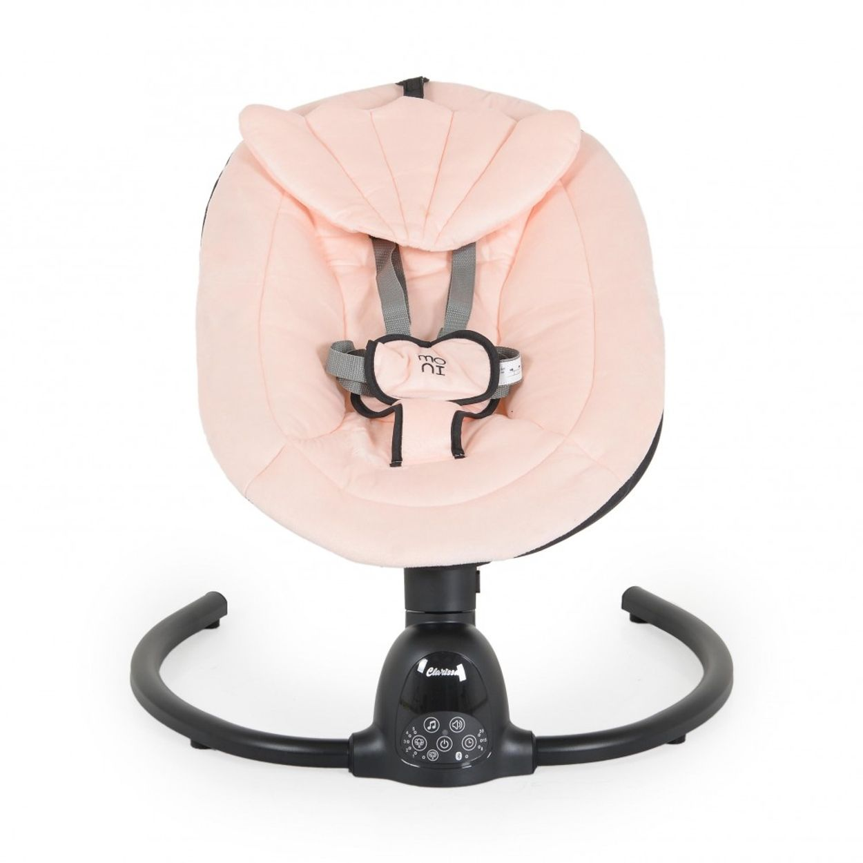 Eine Babywippe mit rosa Sitz, grauen Gurten und schwarzem Gestell. Der Sitz hat eine Kopfstütze. Die Basis hat Bedienelemente.