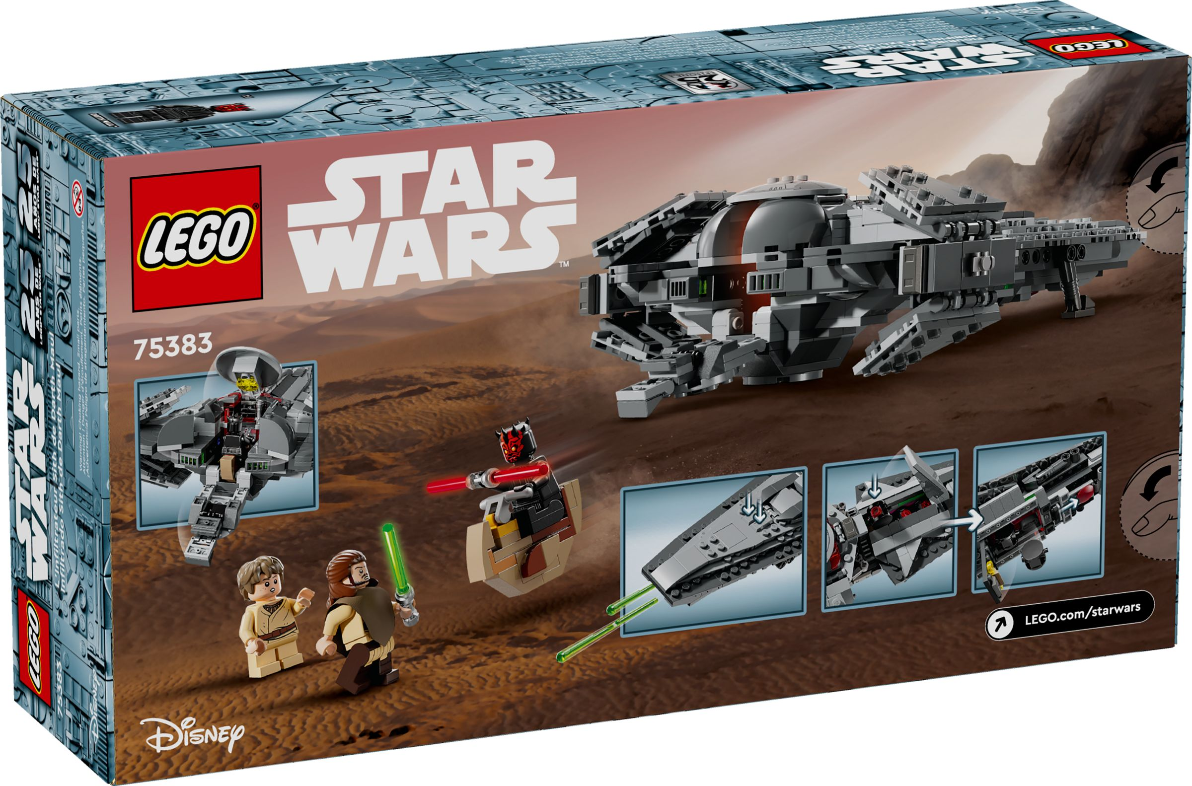 Eine LEGO Star Wars-Box. Sie zeigt ein graues Raumschiff, Minifiguren von Obi-Wan und Darth Maul mit einem Lichtschwert. Der Hintergrund ist eine Wüste.