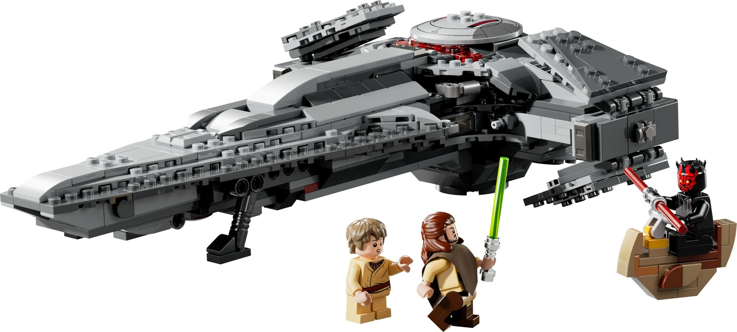 Ein Lego Star Wars Set zeigt ein graues Raumschiff, drei Minifiguren mit Lichtschwertern und ein kleines Fahrzeug vor weißem Hintergrund.