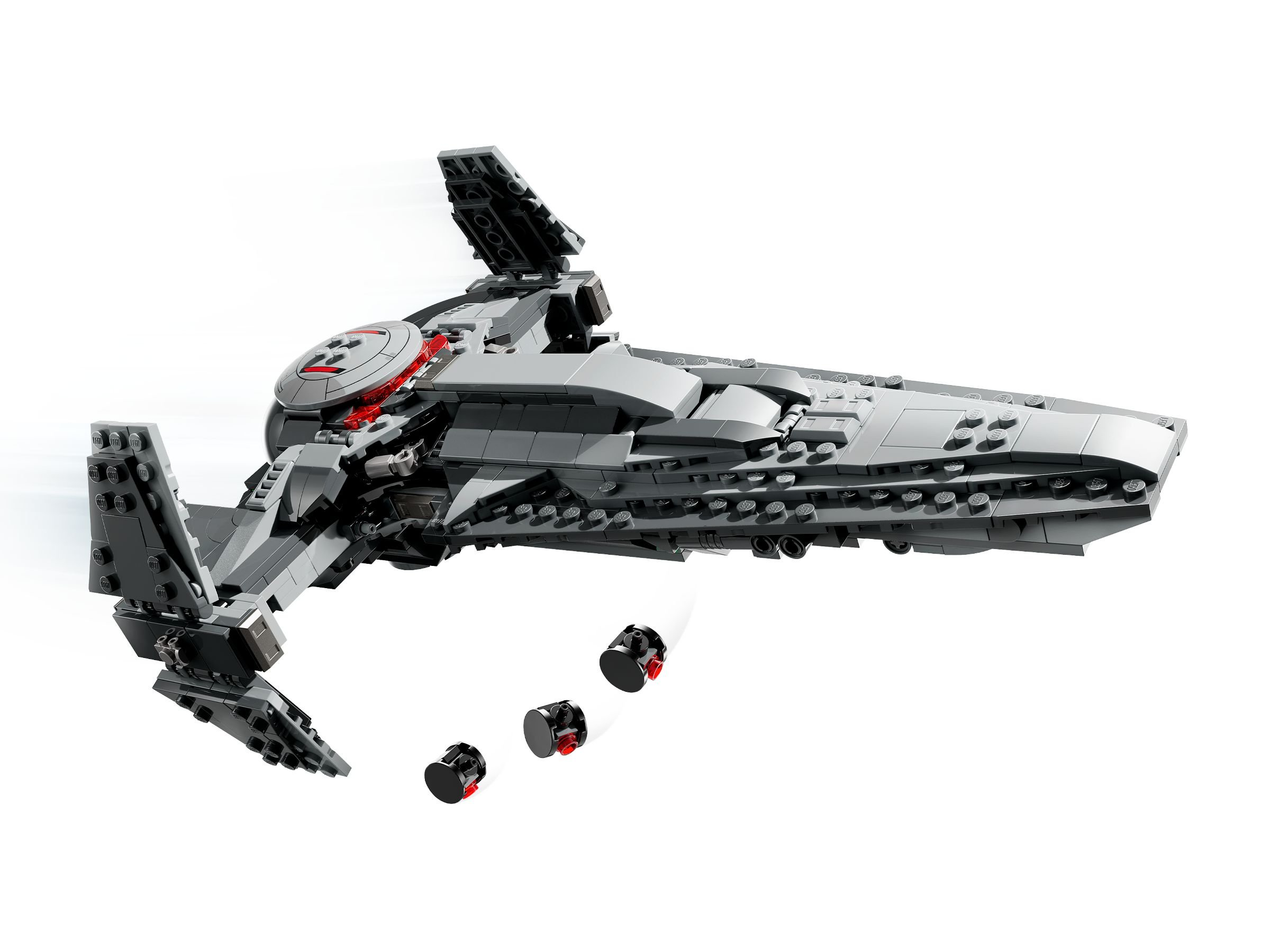 Graues Lego Star Wars Schiff mit drei schwarzen Projektilen. Weißer Hintergrund.
