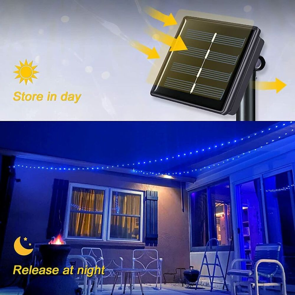 Solarpanel lädt, blaue Lichter auf einer Terrasse bei Nacht. Das Bild zeigt das Speichern von Energie am Tag und die Freisetzung in der Nacht.