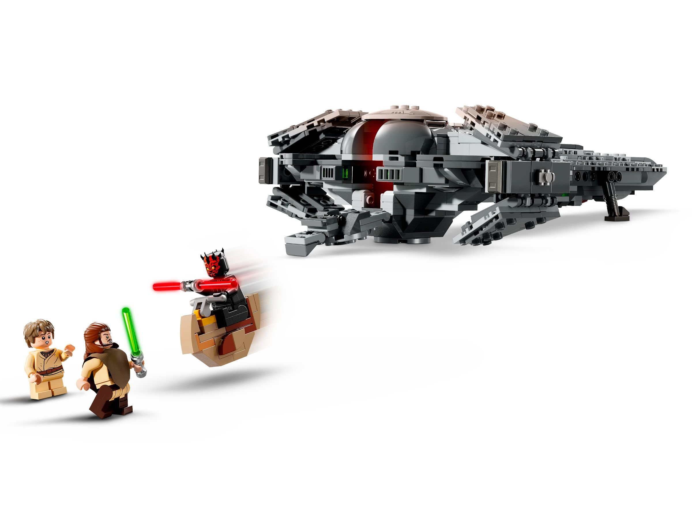 Lego Star Wars Set. Schiff und drei Minifiguren, Darth Maul mit rotem Lichtschwert und zwei Jedi mit grünem Säbel.
