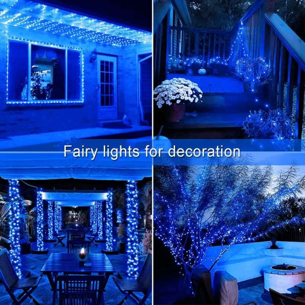 Vier Bilder zeigen blaue Lichterketten, die ein Haus, eine Veranda, eine Pergola und einen Baum schmücken. Text: Lichterketten zur Dekoration.