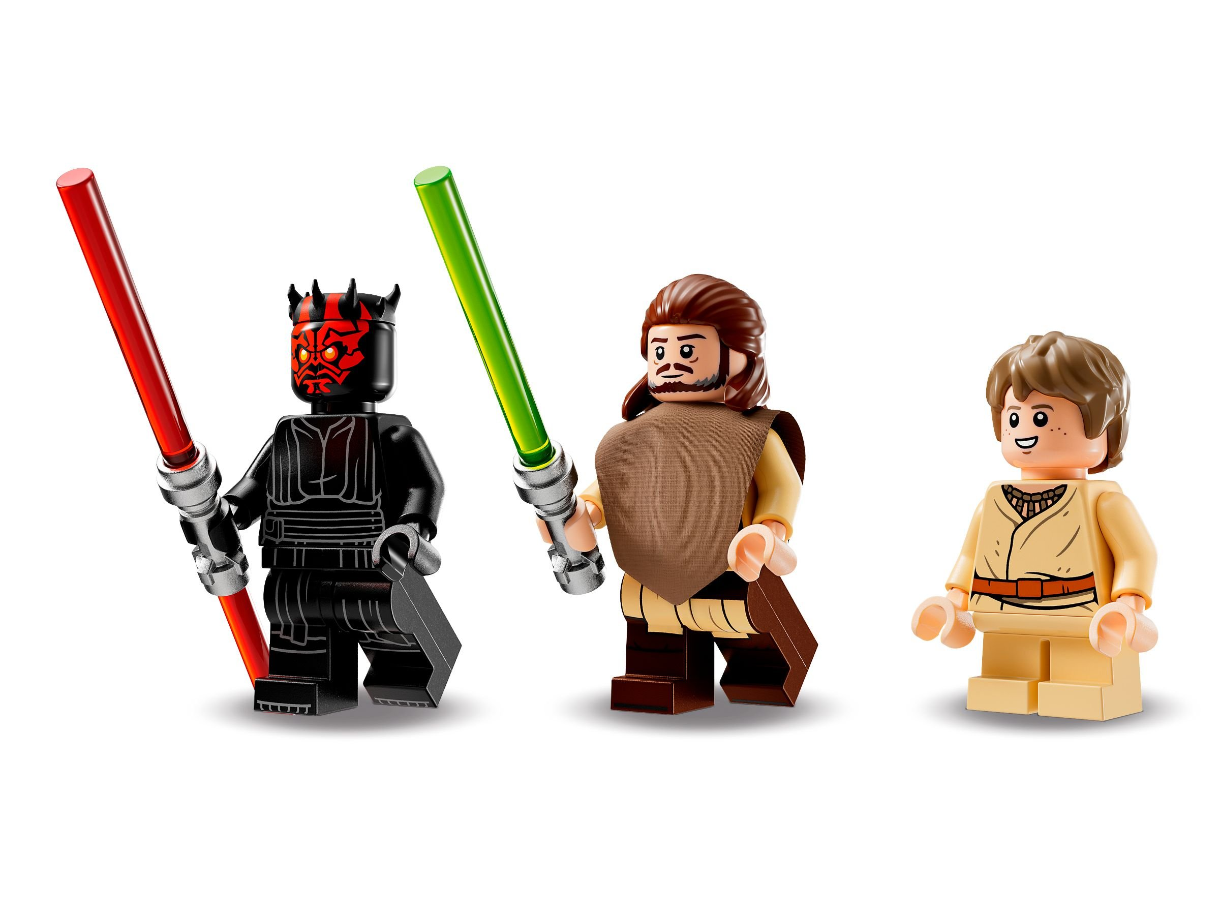 Drei Lego Star Wars Figuren: Darth Maul mit rotem Lichtschwert, Qui-Gon Jinn mit grünem und Obi-Wan Kenobi.
