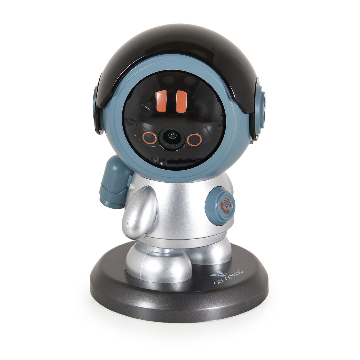 Ein roboterähnlicher Babyphone mit silbernem Körper, blauen Akzenten und einem schwarzen Helm. Es steht auf einem dunkelgrauen Sockel.