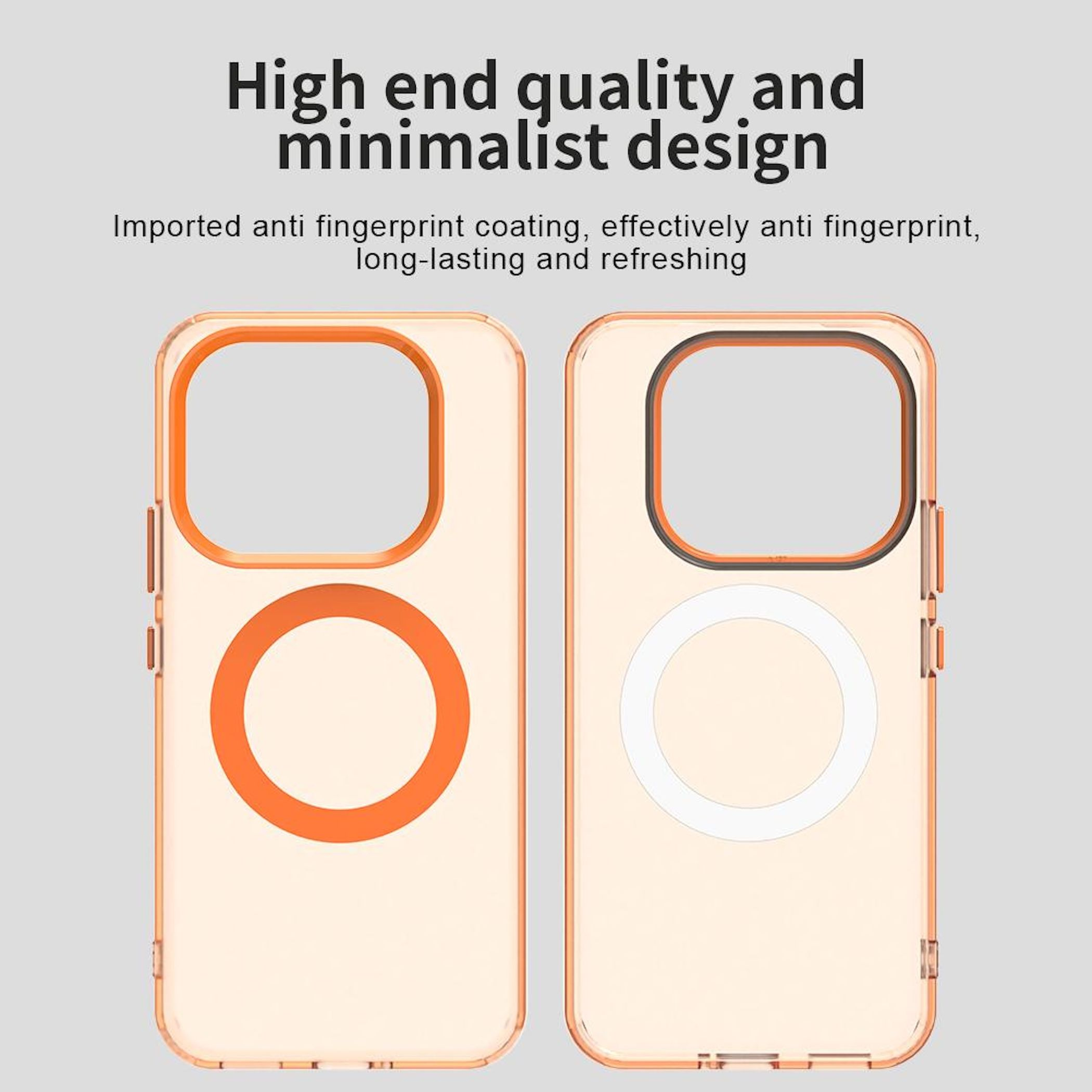 Zwei Handyhüllen. Eine orange mit orangefarbenem Kreis, die andere klar mit weißem Kreis. Text über Design und Beschichtung.