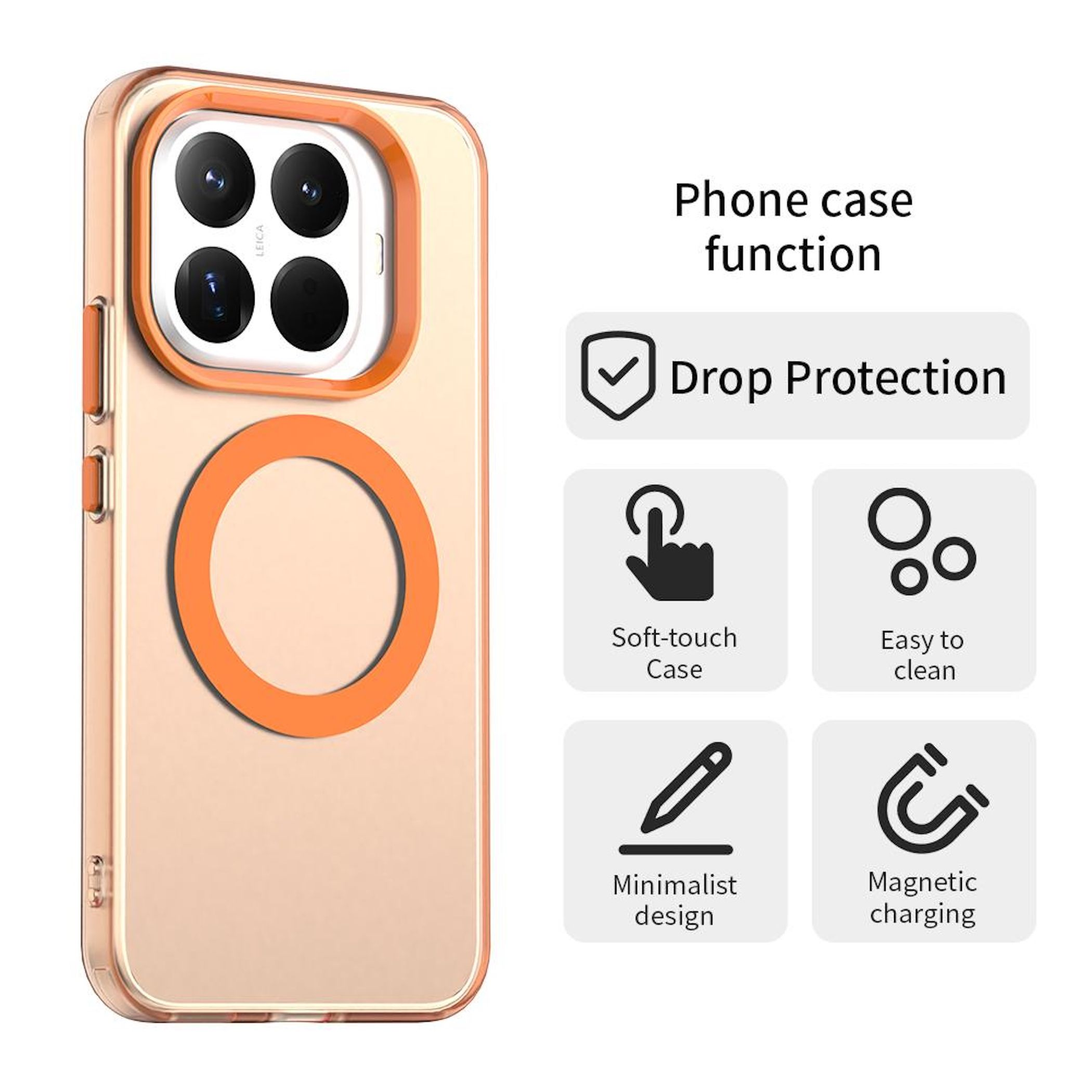 Eine Handyhülle mit orangefarbenem Ring. Sie bietet Fallschutz, Soft-Touch, einfache Reinigung, minimalistisches Design und magnetisches Laden.