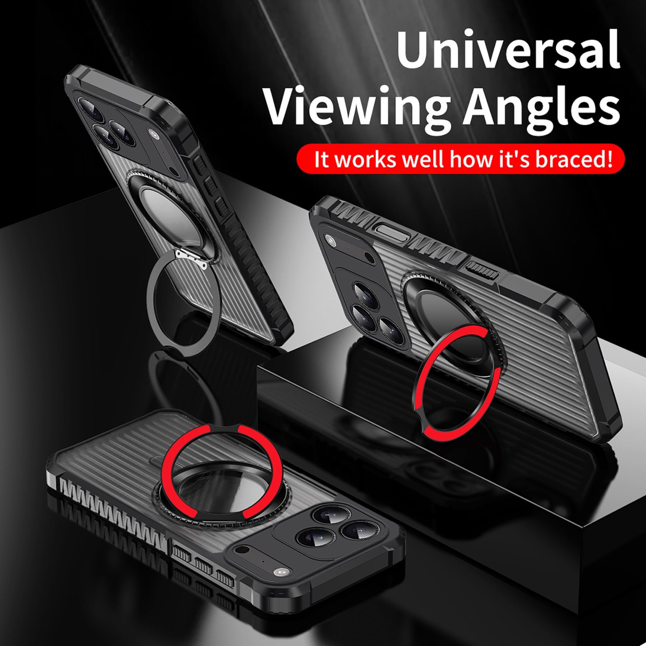 Schwarze Telefonhüllen mit roten Ringen werden angezeigt. Text: Universelle Betrachtungswinkel. Es funktioniert gut, wie es abgestützt ist!