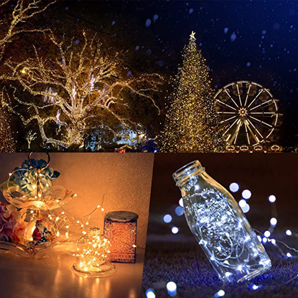 Eine Collage mit festlichen Lichtern. Bäume, ein Weihnachtsbaum und ein Riesenrad sind mit Lichtern geschmückt. Eine Glasflasche hat Lichter im Inneren.