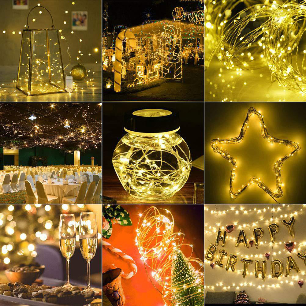 Eine Collage mit verschiedenen warm getönten Lichterketten: in einer Laterne, einem Glas, einer Sternform und zur Dekoration eines Raumes. Champagnergläser sind vorhanden.