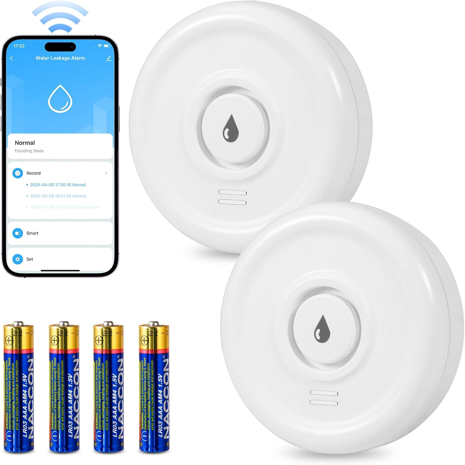 Das Bild zeigt ein Wasserleckalarmsystem mit einer mobilen App, die den Normalzustand, zwei Sensoren und vier AAA-Batterien anzeigt.