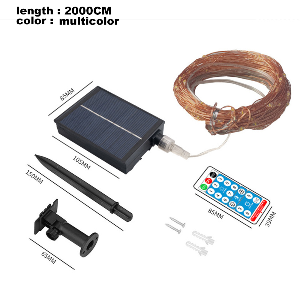 Solarbetriebene Lichterkette mit Fernbedienung, Solarpanel, Pfahl und Montagehalterung. Abmessungen sind angegeben. Kupferdrahtlichter.