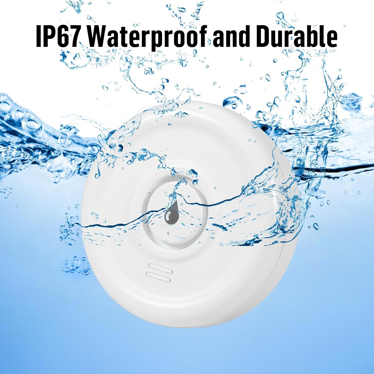 Weißes wasserdichtes Gerät in Wasser getaucht. Tropfen und Spritzer umgeben das Gerät. Text: IP67 wasserdicht und langlebig.