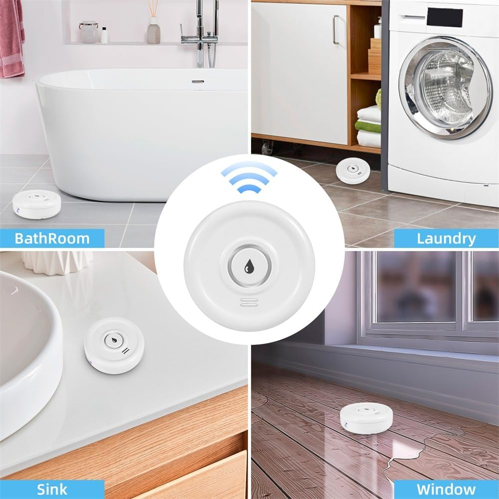 Ein weißer Wassersensor mit einem Wassertropfensymbol wird an verschiedenen Orten gezeigt: Badezimmer, Waschküche, Waschbecken und Fensterbereich.