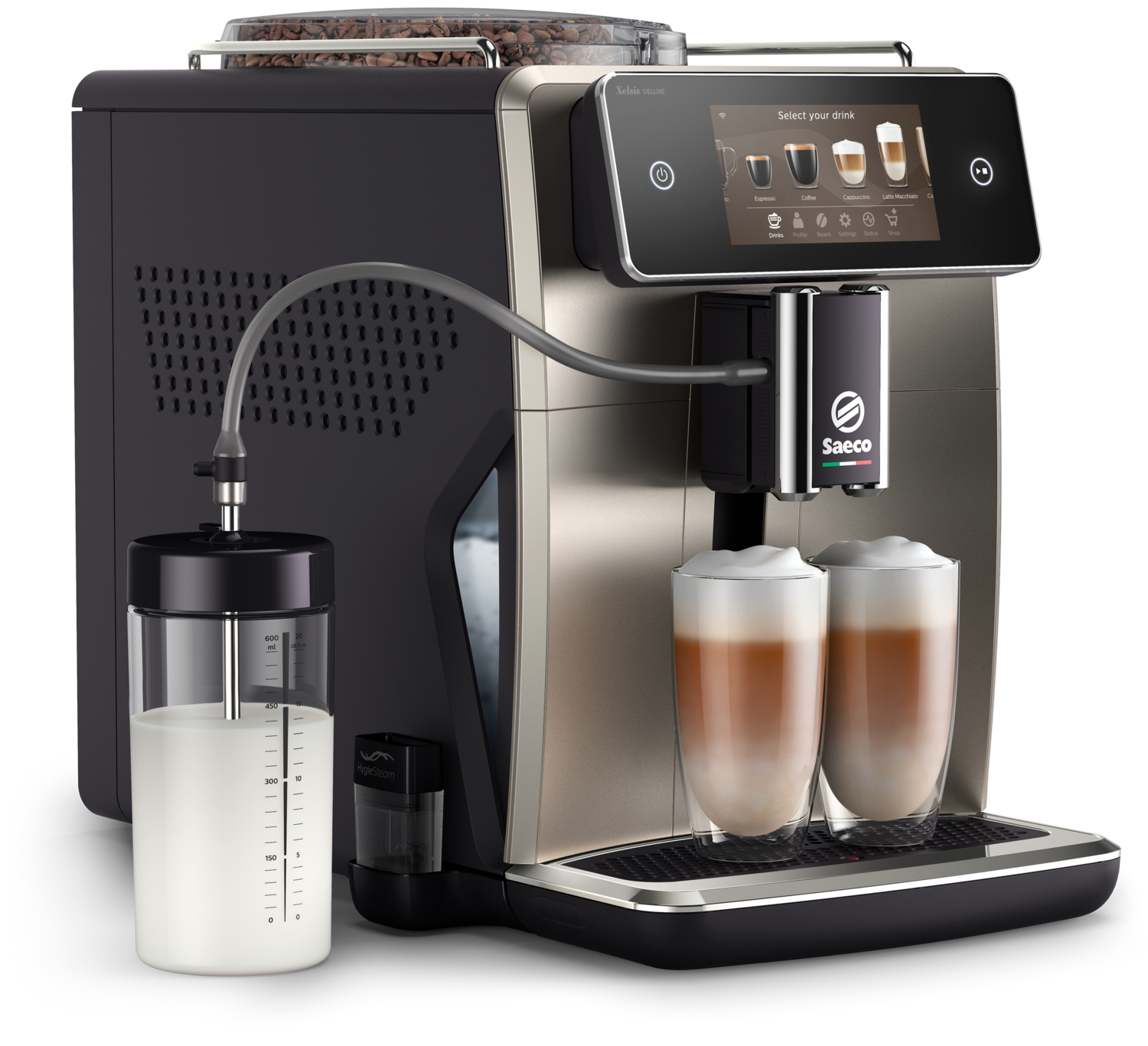 Eine Kaffeemaschine mit zwei Latte Macchiatos. Sie hat einen Milchbehälter und einen digitalen Bildschirm.
