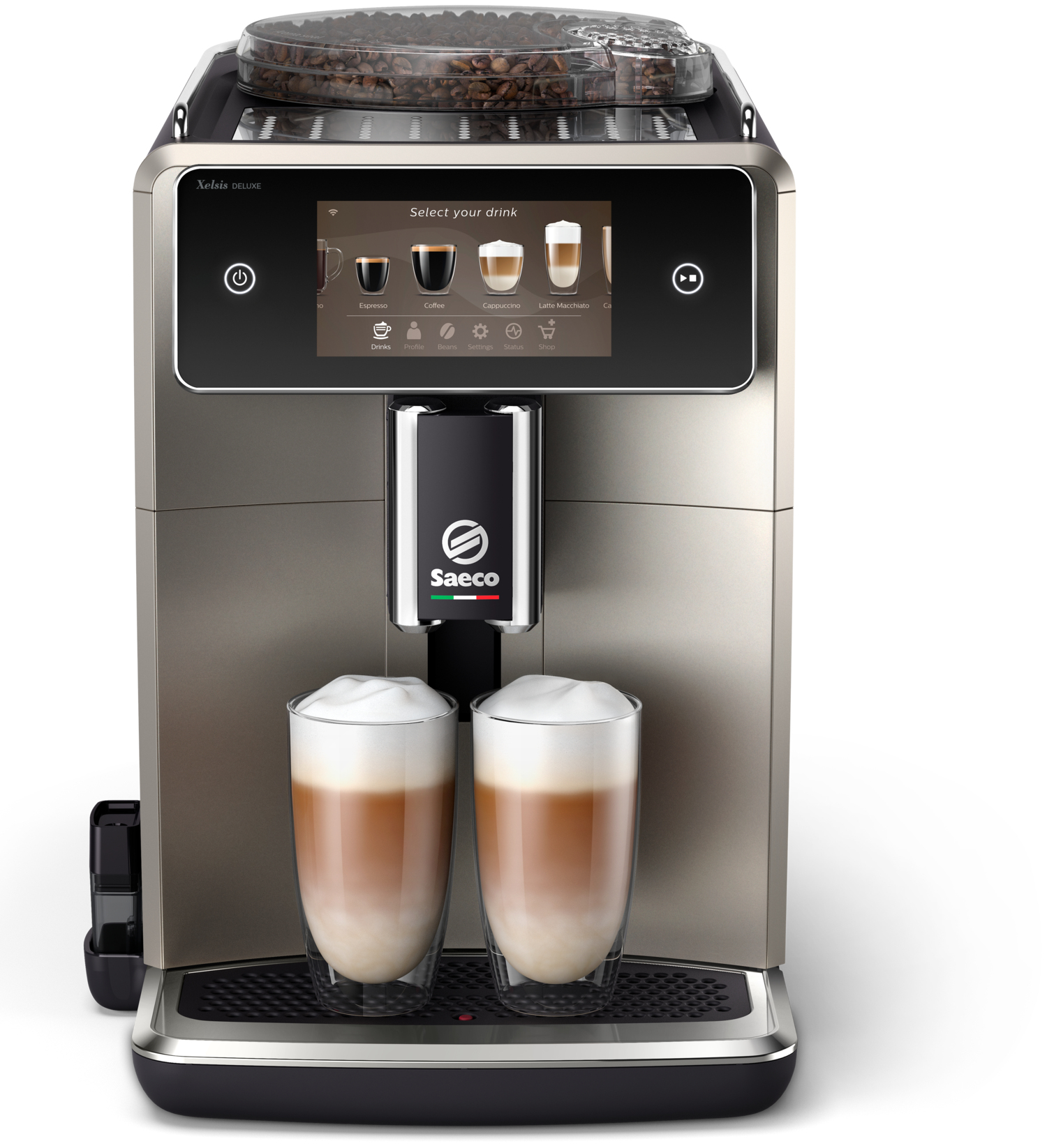 Eine Kaffeemaschine mit Touchscreen, zwei Gläsern mit Latte, einem Bohnenbehälter und dem Saeco-Logo.