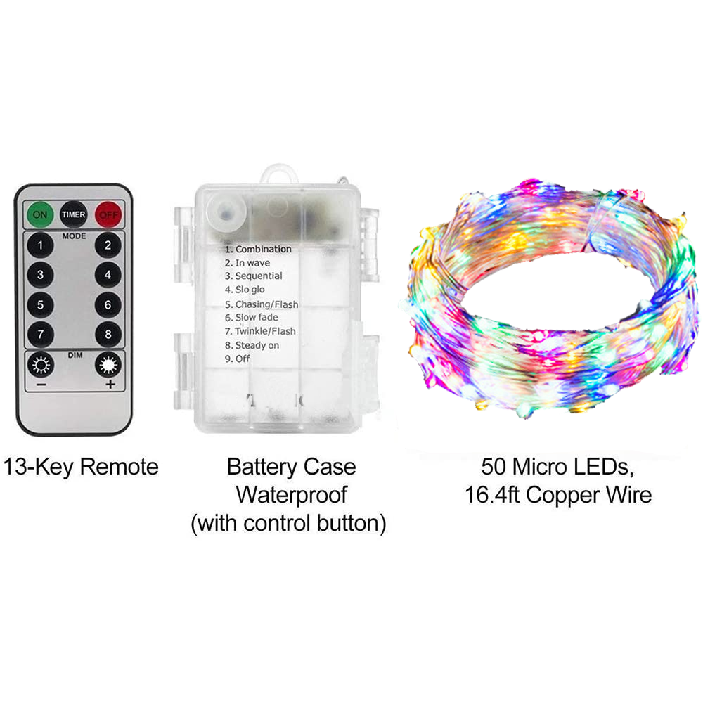 Das Bild zeigt eine Fernbedienung, ein Batteriefach und Lichterketten. Die Lichter haben mehrere Farben. Die Fernbedienung hat Tasten von 1 bis 8.