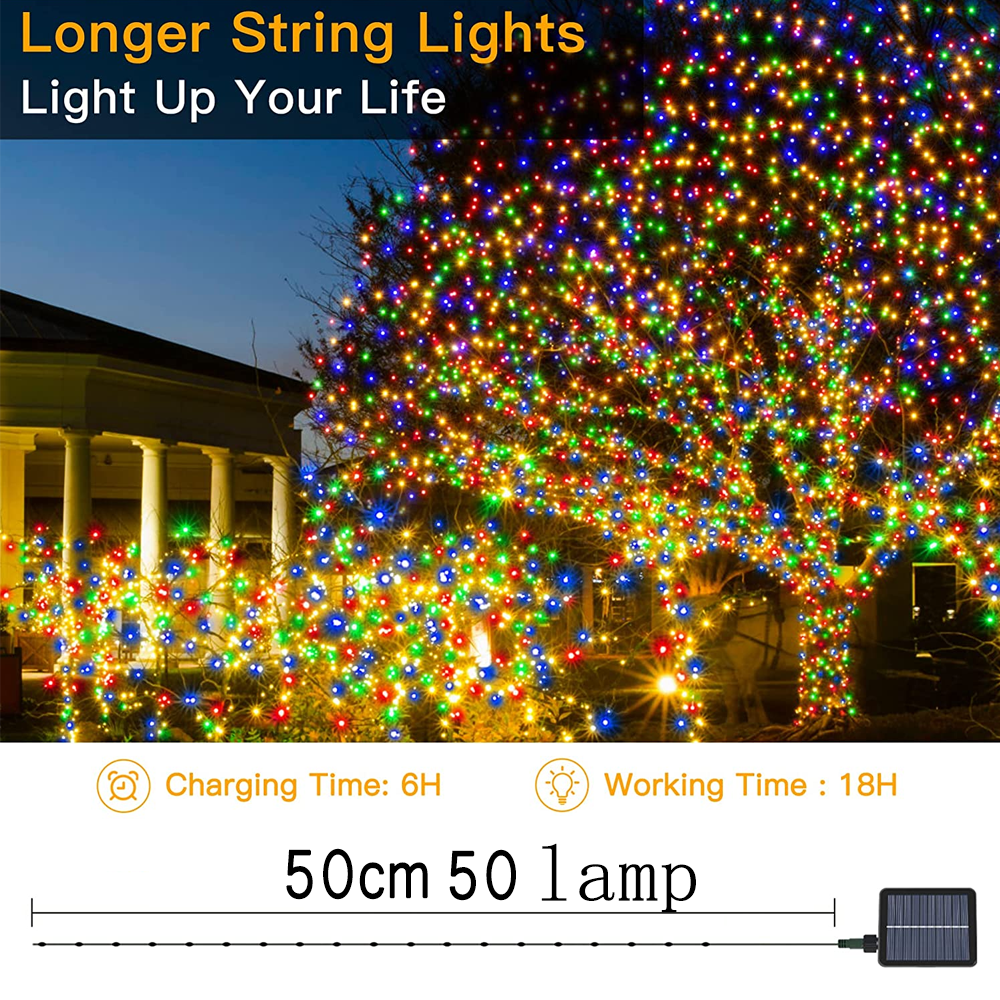 Ein Baum mit bunten Lichterketten. Text lautet 'Longer String Lights'. Informationen zu Lade- und Arbeitszeit sind ebenfalls vorhanden.