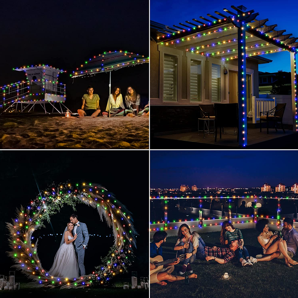 Vier Szenen bei Nacht mit Lichterketten: Strand mit Leuten, Pergola, Hochzeitspaar und Dachparty mit Stadtlichtern.