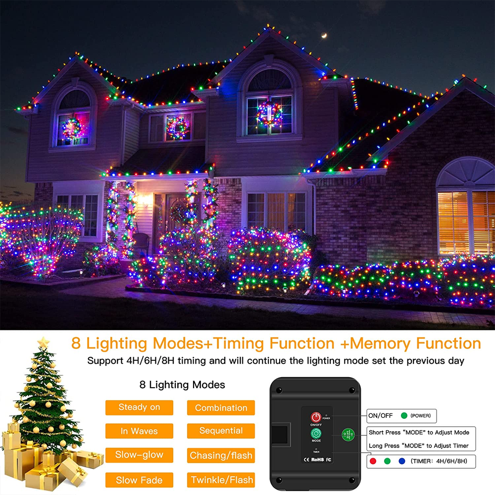 Ein Haus mit bunten Weihnachtsbeleuchtungen geschmückt. Lichter sind auf dem Dach, Büschen und Fenstern. Es gibt einen Weihnachtsbaum und ein Bedienfeld.