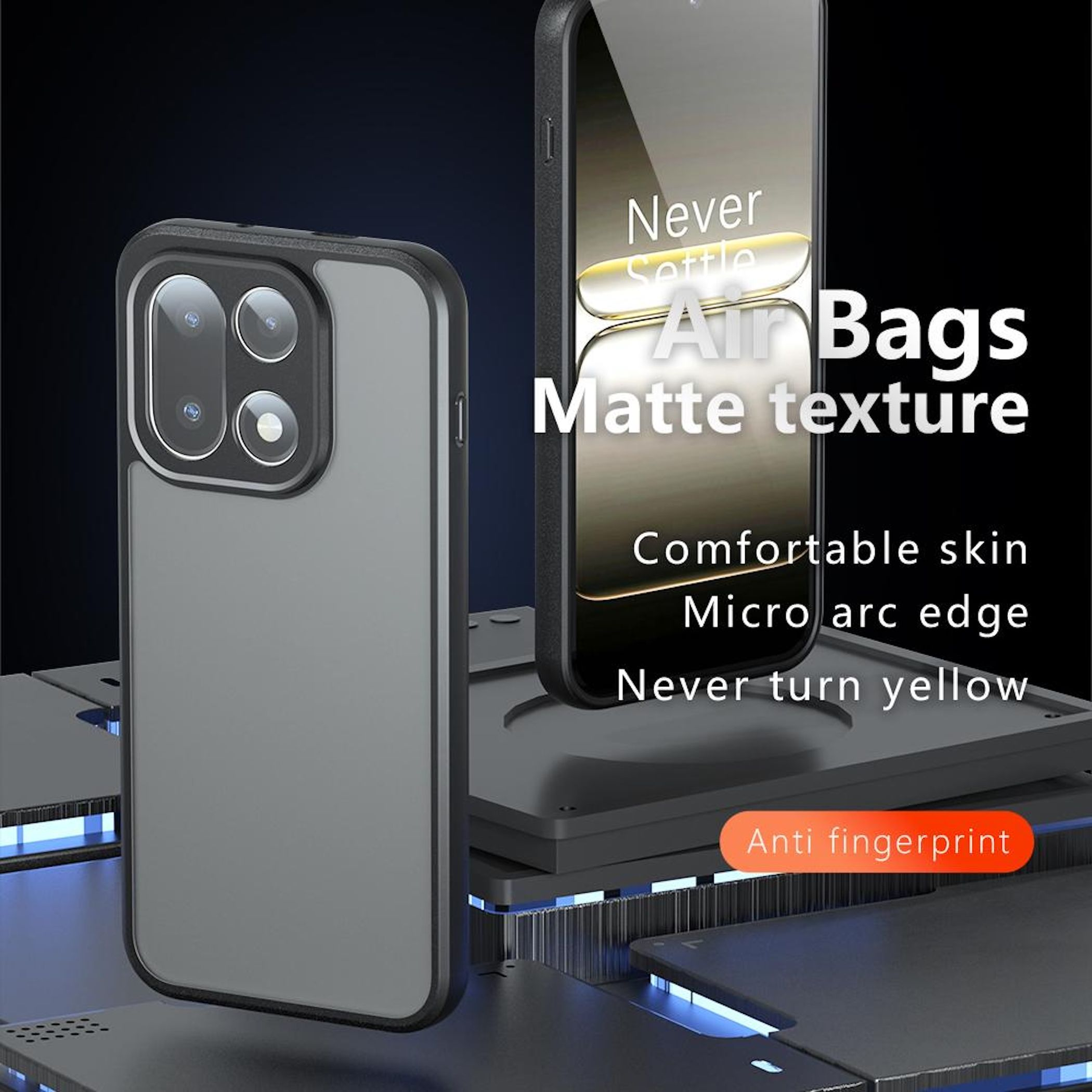 Gezeigt wird eine Handyhülle mit matter Textur und dem Text Air Bags. Sie ist anti-fingerprint und hat eine Micro-Arc-Kante.