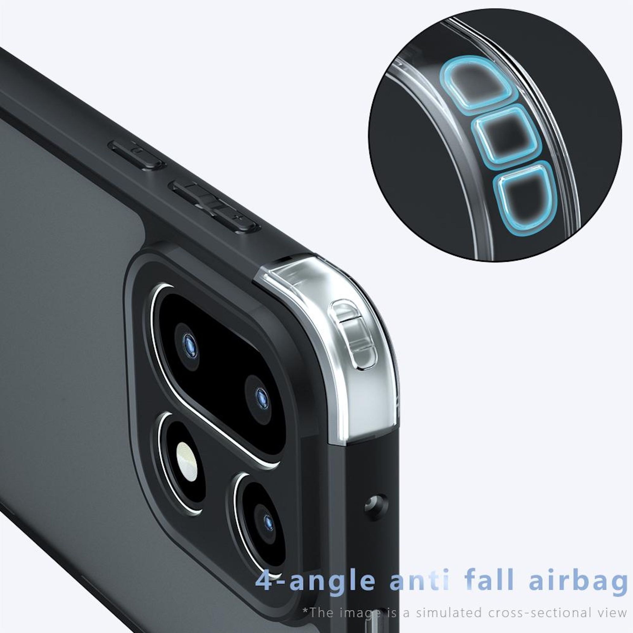 Nahaufnahme einer schwarzen Handyhülle. Ein kreisförmiger Einsatz zeigt drei blau beleuchtete Tasten. Text: 4-Winkel-Anti-Fall-Airbag.