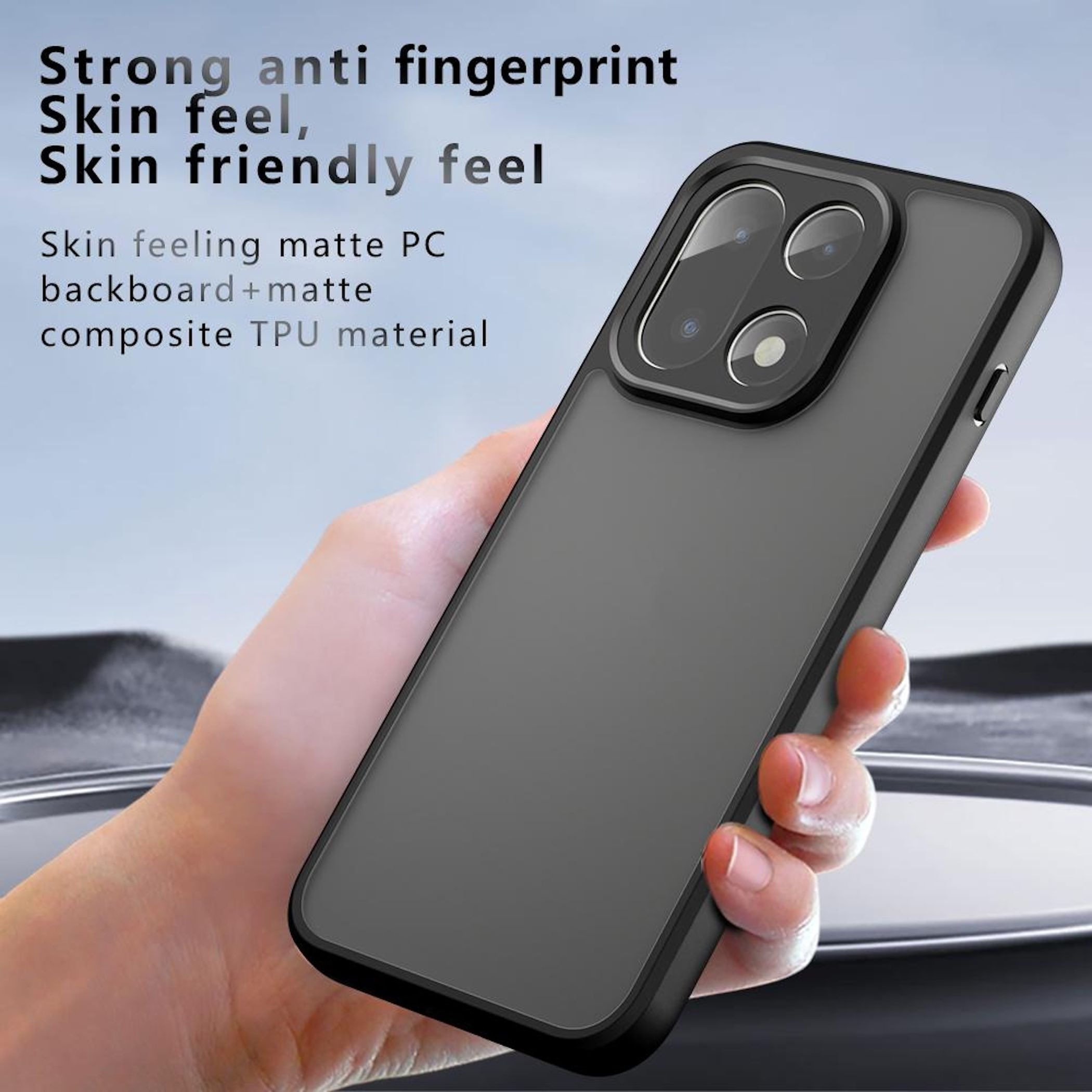 Eine Hand hält eine matte, schwarze Handyhülle. Der Text lautet: starker Anti-Fingerabdruck, Haptik, hautfreundliches Gefühl.