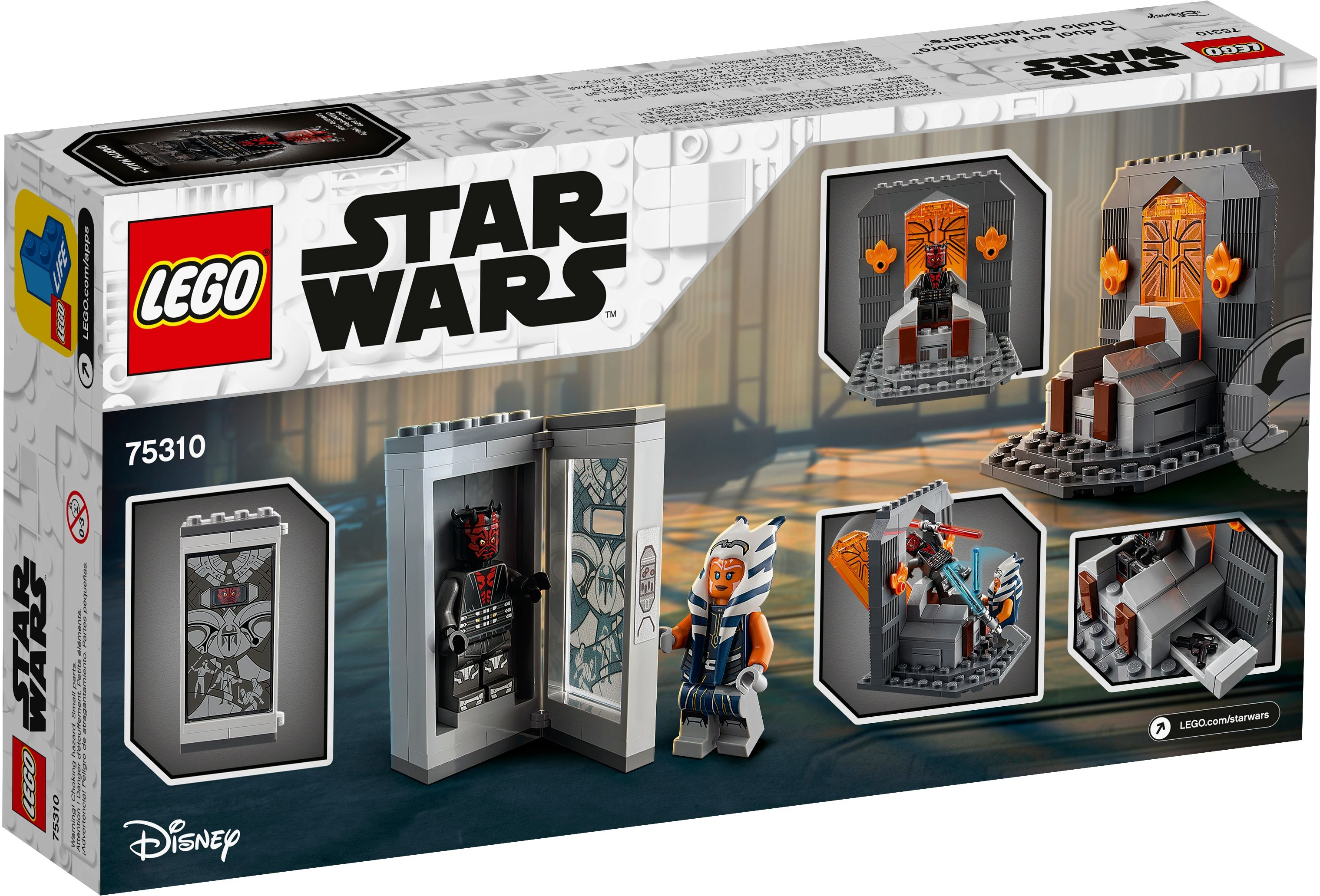 Lego-Box mit Star Wars-Thema. Es zeigt Darth Maul und Ahsoka Tano Figuren, mit einer Kampfszene.