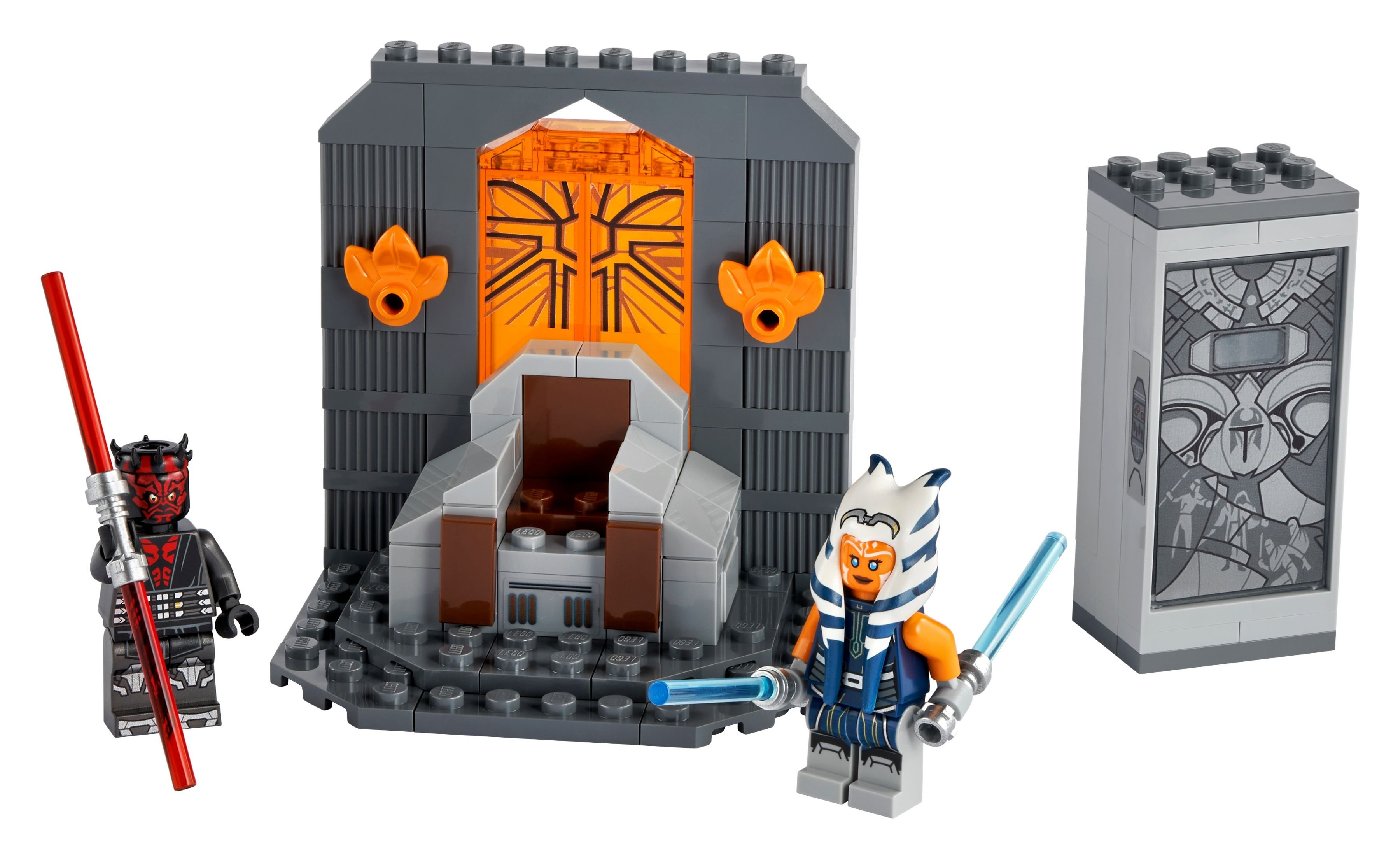 Lego Star Wars-Set mit Darth Maul, Ahsoka Tano und einem Thronsaal. Das Set enthält ein Lichtschwert und eine Säule.